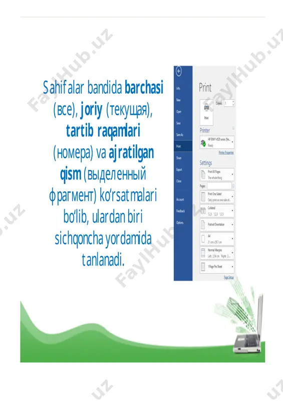 ar turli-tuman xususiyatlarga ega bo‘lib, quyida biz ularning hujjatni kitobcha shaklida chop etish xususiyati bilan tanishamiz. ta’kidlash joizki, hamma printerlar ham bunday xususiyatga ega emas. microsoft_powerpoint_slide4.sldx printerlar turli-tuman xususiyatlarga ega bo‘lib, quyida biz ularning hujjatni kitobcha shaklida chop etish xususiyati bilan tanishamiz. ta’kidlash joizki, hamma printerlar ham bunday xususiyatga ega emas. image3.jpeg image1.jpeg image6.emf savol va topshiriqlar 1. qaysi tugma yordamida hujjatni chop etish mumkin? 2. hujjatning joriy sahifasini chop etish qanday amalga oshiriladi? 3. hujjatning ketma-ket kelmagan bir nechta sahifasini bir yo‘la chop etish mumkinmi? 4. hujjatning faqat belgilangan qismini chop etish qanday amalga oshiriladi? 5. hujjatning faqat juft yoki toq tartib raqamli sahifalarini chop etish qanday amalga oshiriladi? 6. hujjatni 5 nusxada chop etish uchun qanday amallarni bajarish kerak? 7. hujjatni kitob shaklida chop etish uchun bajariladigan amallar ketma-ketligini aytib bering. microsoft_powerpoint_slide5.sldx savol va topshiriqlar 1. qaysi tugma yordamida hujjatni chop etish mumkin? 2. hujjatning joriy sahifasini chop …