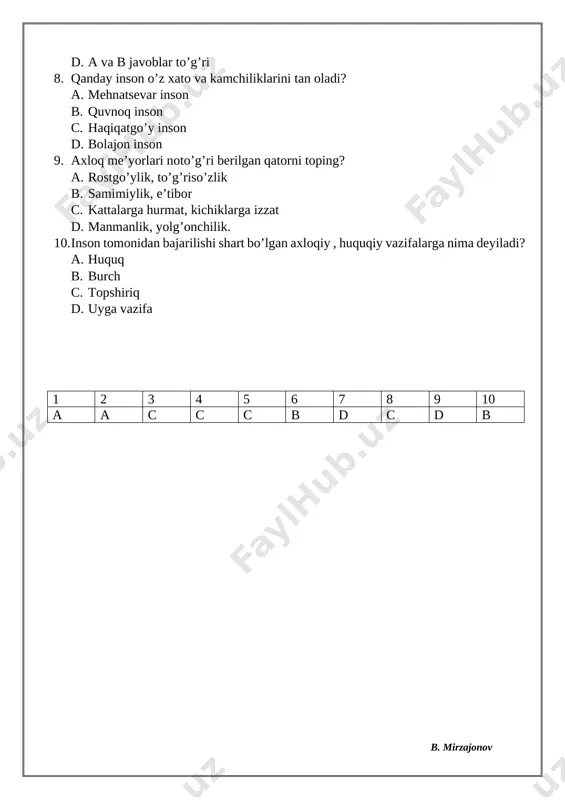 o’li ochiq homiy insonlarni d. harbiy xizmatchilarni 1 2 3 4 5 6 7 8 9 10 b b d d d a a c d b 6-7-mavzu. minnatdorlik yuragimda yashaydi. 1. ko’rsatilgan yaxshilik uchun chin qalbdan qoniqish, rozi bo’lish va rahmat aytishga nima deyiladi? a. quvonch b. ehtiyoj c. minnatdorchilik d. shukronalik 2. biror kishiga minnatdorchilik bildirish nimani anglatadi? a. uning siz uchun qilgan ishini qadrlaganiningizni bildiradi b. shunchaki do’stona munosabatni yaxshilaydi xolos c. yana yordam so’ramoqchiligingizni anglatadi d. barcha javoblar to’g’ri 3. agar daraxt senga o’z soyasi, mevalari va gullarini taqdim etsa, nahotki, minnatdorchilik evaziga uni yerdan yulqib olib, o’zing bilan olib ketishni xohlasang? ushbu fikr kimga tegishli? a. indira gandi b. vasishitxa c. mikelanjelo d. gyote 4. minnatdorchilik izhor qilish uchun qaysi so’z eng qulay so’z hisoblanadi? a. sizdan roziman b. rahmat! c. minnatdorman d. tashakkur 5. vasishitxa qaysi xalq donishmandi hisoblanadi? a. arab b. yunon c. …
