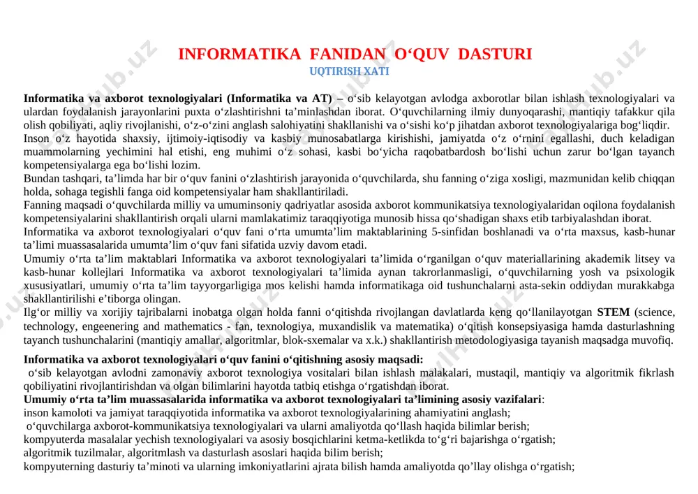 sh hamda foydalanish kompetensiyasi ii. fk-fanga oid kompetensiyalar 1. fk1-axborotlarni izlash va elektron vositalarda yig‘ish kompetensiyasi 2. fk2-axborotlarni elektron vositalarda qayta ishlash va saqlash kompetensiyasi 3. fk3-axborotlarni elektron vositalar orqali uzatish kompetensiyasi 2022-2023 o‘quv yili uchun 5-sinf “informatika va axborot texnologiyalari” fanidan taqvim mavzu rejasi (haftasiga 1-soatdan 34 soat) t/r mavzular soat rejada amalda uyga vazifa izoh 5 a 5b 5v 5a 5b 5v i chorak 1 kompyuter xonasida havfsizlik texnikasi qoidalari va sanitariya –gigiyena talablari 1 qoidalarni yodlash 2 informatika fani haqida 1 fan vazifalarini o’rganish 3 axborot va raqamli texnologiyalar 1 ta’riflarni yodlash 4 axborotni kodlash. axborot oʻlchov birliklari 1 kodlash va o’lchovni o’rganish 5 amaliy mashgʻulot 1 mashq bajarish 6 kompyuter va uning tuzilishi 1 kompyuter tuzilishini o'rganish 7 kompyuterning qoʻshimcha qurilmalari 1 qo’shimcha qurilmalarni o’rganish 8 klaviatura va sichqoncha bilan ishlash koʻnikmalari 1 mashq bajarish 2022-2023 o‘quv yili uchun 6-sinf “informatika va axborot texnologiyalari” fanidan taqvim …