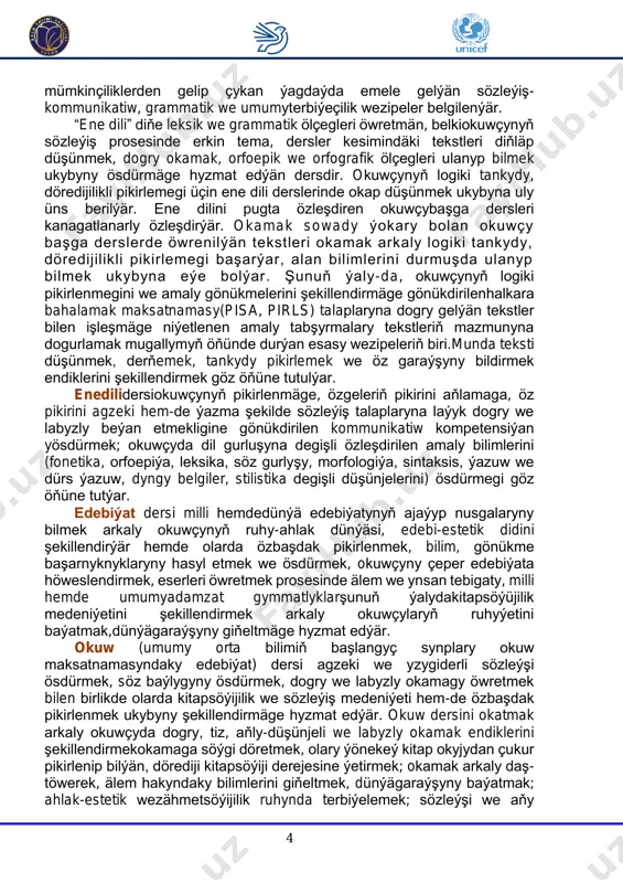 zleýiş medeniýeti hem-de özbaşdak pikirlenmek ukybyny şekillendirmäge hyzmat edýär. okuw dersini okatmak arkaly okuwçyda dogry, tiz, aňly-düşünjeli we labyzly okamak endiklerini şekillendirmekokamaga söýgi döretmek, olary ýönekeý kitap okyjydan çukur pikirlenip bilýän, dörediji kitapsöýiji derejesine ýetirmek; okamak arkaly daş- töwerek, älem hakyndaky bilimlerini giňeltmek, dünýägaraýşyny baýatmak; ahlak-estetik wezähmetsöýijilik ruhynda terbiýelemek; sözleýşi we aňy 5 ösdürmek; okuwçynyň pikirleýşini ösdürmek nazarda tutulýar. okuw dersleriniňöňüne goýulan terbiýeçilik wezipäniň üstünlikli ýerine ýetirilişi diňe dersde çeper eser tekistiniň üstinde işlemek bilen bagly bolman, belki çagany gurşap alan durmuş, tebigatdaky özgerişler, ekologik ýagdaý, jemgyýete peýdaly zähmet bilen hem bagly bolmagy möhüm. okuwçyny okamaga öwretmekde durmuş tejribelerine daýanyp iş görülýär. okuw dersleri çagalarda gözellige söýgi döredýän, akyly çarhlaýan, duýgulary oýandyrýan, dünýägaraýşy giňeldýän estetik didi ösdürýän saz we surat dersleri bilen yzygider baglanan bolmagy zerur. okuw, saz we surat derslerini özara baglap guramak çagalarda sungat eserini dogry düşünmek we gadyrlamak duýgularyny ösdürýär. dil we edebiýat ylymlary blogyndaky dersler özara …