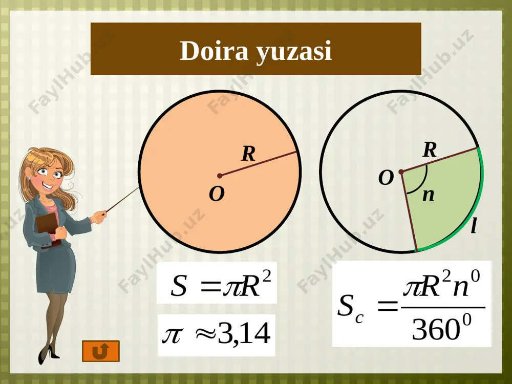 elnosti resheniya. najat na mini-izobrajenie malchika v pravom nijnem uglu. 19 to'g'ri burchakli uchburchak yarim doira ichiga yozilgan,uning gipotenusi diametrga to'g'ri keladi yarim doiraning bo'yalgan qismini toping (rasm) 10 a v s javob tekshirish 8 o algoritm deystviy: najat na mini-izobrajenie malchika v pravom nijnem uglu. najat na blok s nadpisyu «risunok» – vizualizatsiya risunka k zadache. knopka «javob – dlya vizualizatsii javoba, posle resheniya zadachi uchenikom na doske. ili snachala posledovatelno najimaem na knopku «tekshirish» – vizualizatsiya posledovatelnosti resheniya. najat na mini-izobrajenie malchika v pravom nijnem uglu. 20 yarim doira uchburchakka ichki chizilgan va markazi asosni teng ikkiga ajratadi. yarim doira yuzini toping 11 a s javob tekshirish 13 21 20 v r r o n1 n algoritm deystviy: najat na mini-izobrajenie malchika v pravom nijnem uglu. najat na blok s nadpisyu «risunok» – vizualizatsiya risunka k zadache. knopka «javob – dlya vizualizatsii javoba, posle resheniya zadachi uchenikom na …