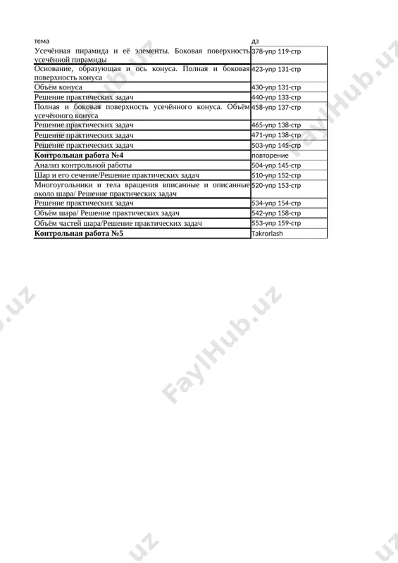 rujnosti v pravilniy mnogougolnik i opisannoy okolo nego okrujnosti 40,4-upr 113-str kontrolnaya rabota № 6 povtorenie dlina okrujnosti/reshenie zadach 42.2-upr 117-str dlina dugi okrujnosti, radiannaya mera ugla 43.3-upr 119-str 9al tema dz zavisimost mejdu sinusom, kosinusom, tangensom i kotangensom odnogo i togo je ugla /reshenie zadach 21-tema 112-str kontrolnaya rabota №5 povtorenie reshenie zadach 248-upr 111-str trigonometricheskie tojdestva / reshenie zadach 22-tema 117-str sinus, kosinus, tangens i kotangens uglov α i -α 23-tema 120-str reshenie zadach povtorenie formuli slojeniya/ reshenie zadach 24-upr 121-str sinus i kosinus dvoynogo ugla/ reshenie zadach 25-tema 126-str formuli privedeniya / reshenie zadach 26-tema 130-str summa i raznost sinusov. summa i raznost kosinusov 27-tema 135-str reshenie zadach 327-upr 138-str reshenie prakticheskix i mejpredmetnix zadach 333-upr 139-str kontrolnaya rabota №6 povtorenie reshenie zadach 3-upr 147-str chislovie posledovatelnosti i metodi ix zadaniya/ reshenie zadach 28-tema 150-str reshenie zadach 357-upr53-str arifmeticheskaya progressiya/reshenie zadach 29-tema 153-str reshenie zadach 367- upr157-str …