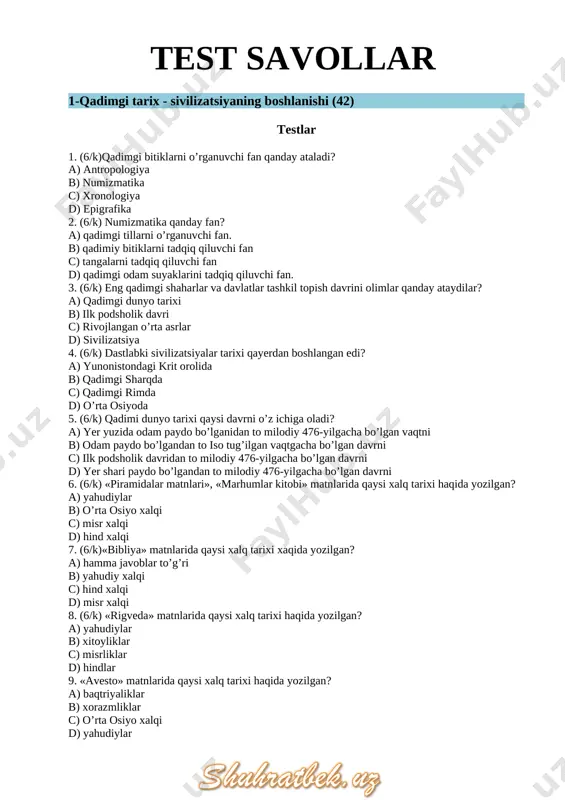 nomalar» d) mil.avv.ii asr oxiri-i asr boshlarida «aleksandrning harbiy yurishlari» 22. «tarixiy yilnomalar» asarini muallifi kim va u qachon yozilgan? a) kvint kursiy ruf, milodiy i asr b) strabon, mil.avv.i asr oxiri c) gerodot, mil.avv.v asr d) sim szyang, mil.avv.ii asr oxiri – i asr boshlari 23. rim tarixchisi kvint kursiy ruf qachon yashagan va qaysi asarni yozgan? a) milodiy i asr «aleksandrning harbiy yurishlari» b) milodiy ii asr «aleksandrning harbiy yurishlari» c) milodiy i asr «buyuk aleksandr tarixi» d) milodiy ii asr «buyuk aleksandr tarixi» 24. «aleksandrning harbiy yurishlari» nomli asar muallifi kim va qachon yashagan? a) gerodot, mil.avv.v asr b) arrian, milodiy ii asr c) strabon, mil.avv.i asr d) sim szyang, mil.avv.ii asr oxiri- i asr boshlari 25. yunonlar qachondan yurtimizning aholisi, viloyatlari haqida ma’lumotlarga ega bo’lganlar? a) mil.avv.iv-iii asrlardan b) mil.avv.v-iv asrlardan c) mil.avv.vii-vi asrlardan d) mil.avv.vi-v asrlardan 26. o’zbekistonning qadimgi aholisi bilan qadimgi sharq elatlari o’rtasida …