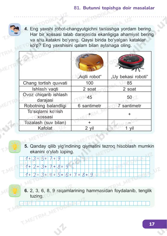 ng. d) 5 dan 30 gacha bo‘lgan sonlarni beshtalab sanang. e) 10 dan 100 gacha bo‘lgan sonlarni o‘ntalab sanang. f) 5 dan 15 gacha bo‘lgan sonlarni teskari tartibda sanang. g) 99 sonining „qo‘shnilarini“ ayting. namuna: 82. butunni topishga doir masalalar t.me /trm _me tod ika_ uz t.me /trm _me tod ika_ uz t.me /trm _me tod ika_ uz t.me /trm _me tod ika_ uz t.me /trm _me tod ika_ uz t.me /trm _me tod ika_ uz t.me /trm _me tod ika_ uz t.me /trm _me tod ika_ uz chop etish uchun emas t.me/ trm_ t.me/trm_ met odi ka_ uz t.me /trm _me tod ika_ uz t.me /trm _me tod ika_ uz t.me /trm _me tod ika_ uz t.me /trm _me tod ika_ uz t.me /trm _me tod ika_ uz t.me /trm _me tod ika_ uz t.me /trm _me tod ika_ uz t.me /trm _me tod ika_ uz t.me /trm _me …