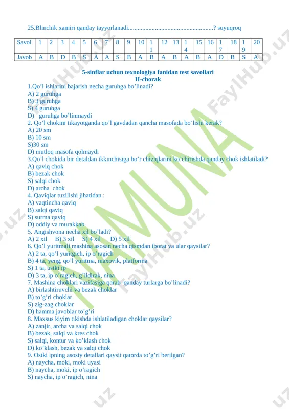 i tikish d) to’g’ri javob berilmagan 15. elektr dazmolda ishlaganda javfsizlik texnikasi qoidalari....... a) dazmolni elektr tarmog’iga ulashdan oldin shnur izolyasiyasi tekshiriladi b) dazmolni ishlatishda qo’l quruq bo’lishi kerak s) ishlatayotganda shnur dazmolga tegib tuimasligi kerak d) barcha javoblar to’g’ri 16.tikuv mashinasi necha xil bo’ladi? a) 2 xil b) 3 xil s) 4 xil d) 5 xil 17. tikuv mashinasida ishlayotganda(nimalarga rioya qilish kerak) o’quvchi qanday holatda bo’lishi kerak? a) boshga ro’mol o’rash kerak b) belga fartuk taqish kerak s) sochlarni yig’ishtirish kerak d) barcha javob to’g’ri 18. tikuv mashinasida ishlaganda yorug’lik qaysi tomondan tushish kerak? a) old, chop tomondan b) o’ng tomondan s) old yoki chap tomondan d) to’g’ri javob yo’q 19. tikuv mashinasini moylashda qanday moy ishlatiladi? a) saryog’ b) zig’ir moyi s) maxsus moy d) dumbamoy 20. tikilayotgan kiyim yoki detal ko’zdan qancha masofada turishi kerak? a) 5-10 sm b) 10-15 sm s) 30 sm d) mutlaqo …