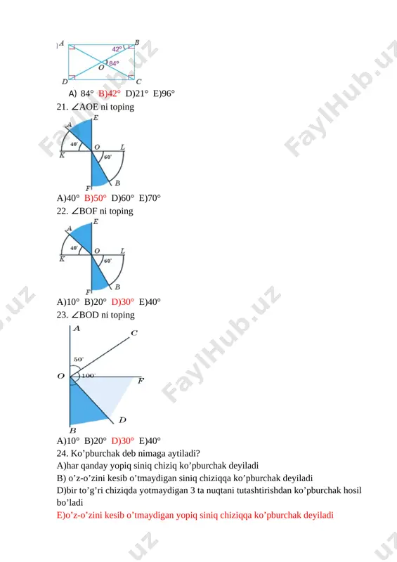 ldi? [image: ] a)yuqoridagi 2 m b)chapdagi 2 m d) 3 m e) 5 m 54. kvadratning yuzi 49 m2 bo’lsa, uning tomonini toping a)7 b)8 d)9 e)10 55. kvadratning yuzi 121 dm2 bo’lsa, uning tomonini toping a)10 b)11 d)12 e)13 56. futbol maydonining bo‘yi 110 m, eni esa 75 m ga teng. futbol maydonining yuzini hisoblang. a)8250 b)8520 d)8200 e)8200 57. shaxmat doskasi - tomoni 6 cm bo‘lgan kvadrat shaklidagi 64 ta katakchalardan iborat. shaxmat doskasining yuzini hisoblang. [image: ] a)2304 b)1152 d)1024 e)384 58. plitka tomoni 30 cm bo‘lgan kvadrat shaklida. eni 300 cm, bo‘yi 200 cm bo‘lgan devorni qoplash uchun kamida necha dona butun plitka kerak bo‘ladi? bu hayotiy, muammoli vaziyatdan qanday chiqish mumkin? a)66 b)67 d)e) 59. 1 gektar necha ar(sotix)? a)10 b)100 d)1000 e)100000 60. 1km2 necha m2 a)100 b)1000 d)1000000 e)100000 61. kvadrat tomoni 12 m bo‘lsa, uning yuzini toping. a)24 b)148 d)48 e)144 …