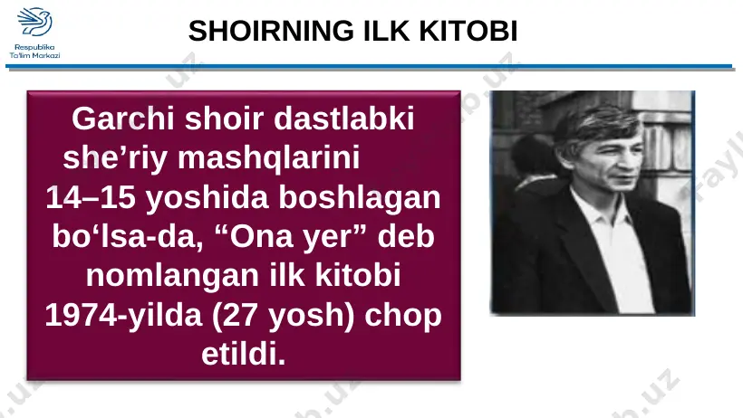 osh. anvar shoir charchog‘i bo‘lib tog‘ ortiga yonboshlar quyosh… hayotning har lahzasi go‘zal, umrning har dami g‘animat… shoir bir kunni tasvirlar ekan kech kirdi. endi tinm bilmas odamlar ertangi rejalarini tuzib keyin uyquga bosh kuyadi. quyosh ham charchab tog' ortiga kirib ketayotganini tasvirlaganb * “dosh” - chidam, bardosh bermoq, chidamoq tahlil yana sirli orom qushiday qo‘na boshlar yurtimga kecha. bugunidan el ko‘ngli to‘lib, ertangi kun uchun to‘plar dosh. anvar shoir charchog‘i bo‘lib tog‘ ortiga yonboshlar quyosh… shoir bir kunni tasvirlar ekan kech kirdi. endi tinm bilmas odamlar ertangi rejalarini tuzib keyin uyquga bosh kuyadi. quyosh ham charchab tog' ortiga kirib ketayotganini tasvirlagan.:“dosh” chidam, bardosh bermoq, chdamoq * mustaqil bajarish uchun topshiriqlar: anvar obidjonning hayoti va ijodini o‘qing. shoir ijodi haqida so‘zlab bering. shoirning “kulib turgan munchoqko‘z bola “tinchlik” so‘zin solar yodingga” so‘zini qanday tushundingiz? izohlang. 3. “hayotning har lahzasi go‘zal” she’rini o‘qing va parcha yod oling.