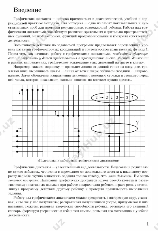 slomu, sravnivaet poluchivshiesya uzori, ishet oshib­ ki v vipolnenii (vzrosliy mojet sdelat oshibku spetsialno) . • rebenku pred'yavlyaetsya gotoviy uzor i programma ego vipolneniya. zadacha reben­ ka - nayti oshibki v vipolnenii uzora. 3. ritmicheskie graficheskie diktanti, vklyuchayushie v sebya diagonalnie napravleniya diagonalnie napravleniya - dvijeniya napravo, vverx, na p kletok; nalevo, vniz na p kletok i t. d. pod uglom 45 gradusov. voz:vyujni vse visheopisannie vidi zadaniy. reko:.v1enduetsya nachinat s prostix diktantov, vklyuchayushix v sebya diagonalnie dvi­ jeniya na odnu kletku, postepenno narashivaya slojnost progra:.v�m. 2 4. neritmicheskie graficheskie diktanti vidi zadaniy: • rebenok «stroit» uzor pod diktovku vzroslogo. • rebenok izuchaet zadannuyu programmu deystviy, i vipolnyaet zadanie poshagovo, progovarivaya kajdiy shag vslux. • gebenok samostoyatelno zapisivaet programmu deystviy dlya vipolneniya dannogo uzora. • rebenok samostoyatelno pridu11shaet uzor, diktuet ego drugim detyam, vzroslo:.\'iu ili zapisivaet ego programmu; proveryaet pravilnost vipolneniya. • gebenku pred'yavlyaetsya gotoviy uzor i programma k nemu. …