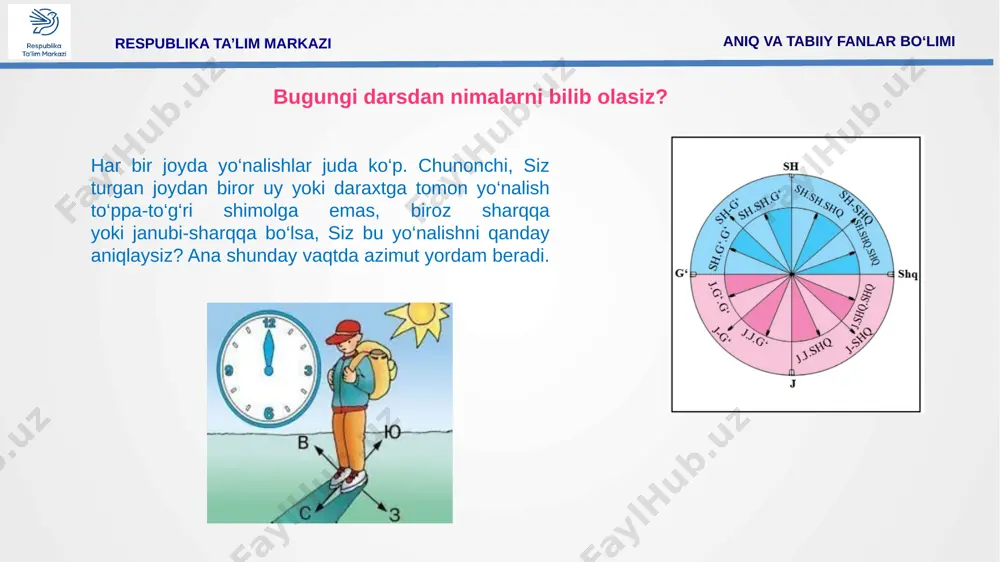 an aniqroq natijaga erishadi? nima uchun? 3 5 respublika ta’lim markazi aniq va tabiiy fanlar bo‘limi ufq deb nimaga aytiladi? ufq tekisligi nima? azimut deb nimaga aytiladi? azimut qaysi asbob yordamida aniqlanad ufq tomonlarini kompas yordamida va mahalliy belgilarga qarab qanday aniqlash mumkin? abror uyidan maktab hovlisigacha bo’lgan masofani 45 daqiqa vaqt ichida bosib o‘tishdi. ushbu ma’lumotdan foydalanib, abrorning uyi va maktab orasidagi masofani aniqlang. mustahkamlash image6.png image8.jpeg image9.emf image10.png image11.png image12.png image13.png image14.png image15.png image16.png image17.png image18.png image19.png image20.png image21.png image1.jpg image3.png image4.png image5.png