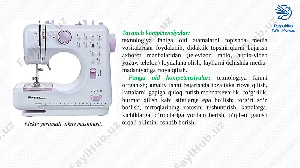 h kerak? 5. tikuv mashinasining tuzilishini gapirib bering. darsni yakunlash va o‘quvchilarni baholash. uyga vazifani e’lon qilish: mavzu bo‘yicha berilgan barcha ma’lumotlarni o‘qib-o‘rganib kelish e’tiboringiz uchun rahmat image1.png image2.png image3.png image4.png image5.png image6.png image7.png image8.jpeg image9.jpeg image10.jpeg image11.jpeg