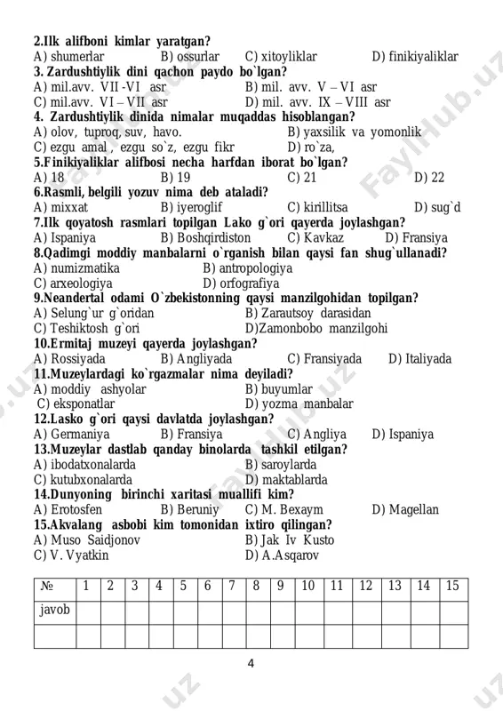 ) 1866 –yilda 8.lidiya oltin tangasi qanday nomlangan? a) darik b) doroyi c) starter d) chaqa 9.bug` dvigateli o`rnatilgan samolyot ixtirochisi? a) j. stefenson b) i.sikorskiy c) s. morze d) f. mojayskiy 10.birinchi to`rt dvigatelli samolyot ixtirochisi kim edi? a) j. stefenson b) i.sikorskiy c) s. morze d) f. mojayskiy 11.aleksandr bell nimani ixtiro qilgan edi? a)paroxod b) radio c) telegraf d) telefon 12.aleksandr sergeyevich popov ixtirosi? a)paroxod b) radio c) telegraf d) telefon 13.vasko da gama qayerlik edi? 7 a) ispaniyalik b) portugaliyalik c) amerikalik d) fransiyalik 14.samolyot nechanchi yilda ixtiro qilingan? a) 1807 – yilda b) 1814 – yilda c) 1885 – yilda d) 1902 – yilda 15.”jenni” ip yigiruv dastgohi ixtirochisi kim edi? a) jeyms xargrivis b) edvard kartrayt c) jeyms uatt d) jon key № 1 2 3 4 5 6 7 8 9 10 11 12 13 14 15 javob to’g’ri javoblar soni:________ baho:______ 5-sinf. …