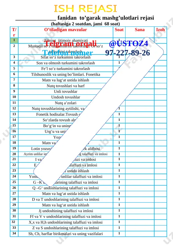f 18. __.__.20___ ________mallasi 5-sinf 19. __.__.20___ ________mallasi 5-sinf 20. __.__.20___ ________mallasi 5-sinf 21. __.__.20___ ________mallasi 5-sinf 22. __.__.20___ ________mallasi 5-sinf 23. __.__.20___ ________mallasi 5-sinf 24. __.__.20___ ________mallasi 5-sinf 25. __.__.20___ ________mallasi 5-sinf 26. __.__.20___ ________mallasi 5-sinf to’garak jurnalitelgram orqali @ustoz4 telefon nomer 97-227-89-26 bo'lajak tilshunoslar [image: ] № fish sana 1 2 3 4 5 6 7 8 9 10 11 12 13 14 15 16 17 18 19 20 21 22 23 24 25 26 27 28 29 30 31 32 33 34 35 36 37 38 39 40 sana o’tilgan mavzu nomi uyga berilgan topshiriq sana:___________202__yil ona tili 5-sinf 1 mavzu: tilning ijtimoiy ahamiyati maqsadlar:ta`limiy: tilning ijtimoiy ahamiyati haqida berilganlarni tushuntirish tarbiyaviy: o'quvchilarda ona tiliga muhabbat, til o'rganishga qiziqish uyg'otish. rivojlantiruvchi : o'quvchilarda mustaqil fikrlash, mushohada yuritish ko'nikmalarini shakllantirish. vazifalar:- o'quvchilarda mavzuga nisbatan qiziqish uyg'otish; -ularda mavzu asosida bilim va ko'nikmalarni shakllantirish,kengaytirishga erishish; - mavzuga oid berilgan …