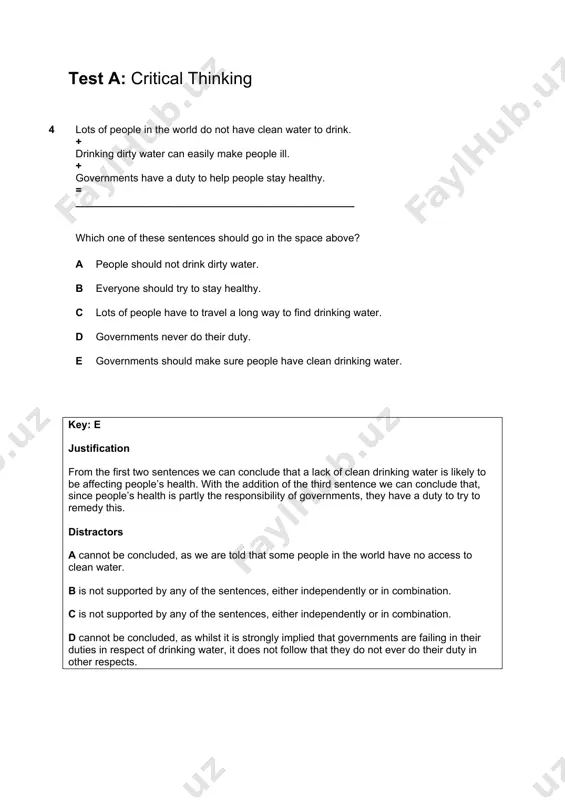 – if anything it may weaken it, although the explorer has not actually advocated taking unnecessary risks. e pre-empts a possible objection to the claim (i.e. that young people should not be encouraged to engage in risky behaviour), but does not strengthen the claim independently of this. 7 before setting out on a long climb, a group of climbers was told by the guide: “anyone who has not started climbing by 4:00 am will not reach the summit.” if the guide’s prediction was right, which one of these sentences must have been true? a all the climbers who started before 4:00 am reached the summit. b some of climbers who started before 4:00 am reached the summit. c none of the climbers who started after 4:00 am reached the summit. d only the climbers who reached the summit started before 4:00 am. e all the climbers who did not reach …
