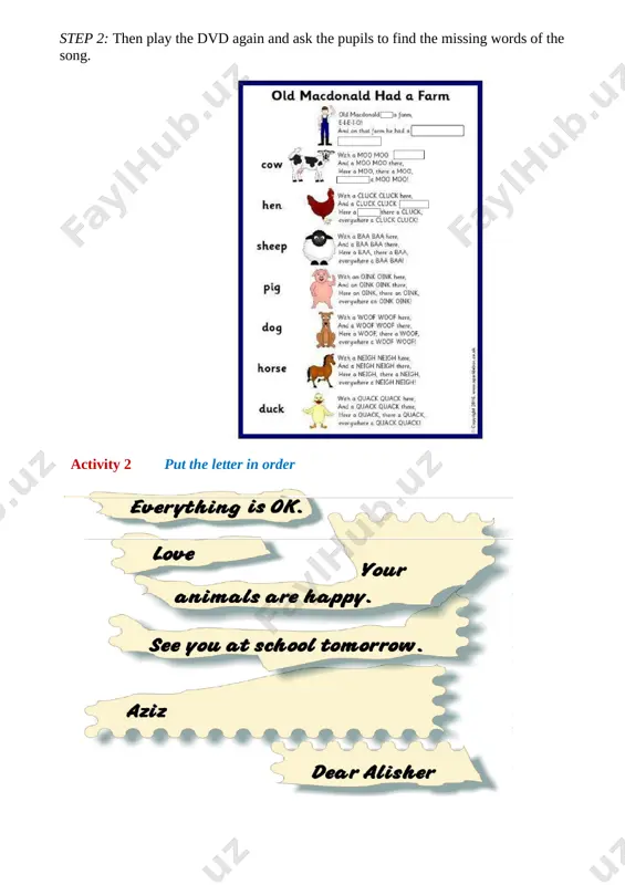 e and do not have. remind the pupils that when we link two negative items we -use “or” not “and”. e.g. we have a cat and a dog. we don’t have a parrot or a dove. activity 9 to learn by heart song “furry friends” furry friends (tune of “baa baa black sheep”) moo moo, black cow, have you any milk? yes kids, yes kids three buckets full. one for the kindergarten, one for the school. one for the supermarket down the lane. cluck cluck, red chicken have you any eggs? yes kids, yes kids three plates full. one for the kindergarten, one for the school. one for the supermarket down the lane. baa baa, brown sheep, have you any wool? yes kids, yes kids three bags full. one for the kindergarten, one for the school. one for the supermarket down the lane. iv consolidate activity 10 extra activity: play …