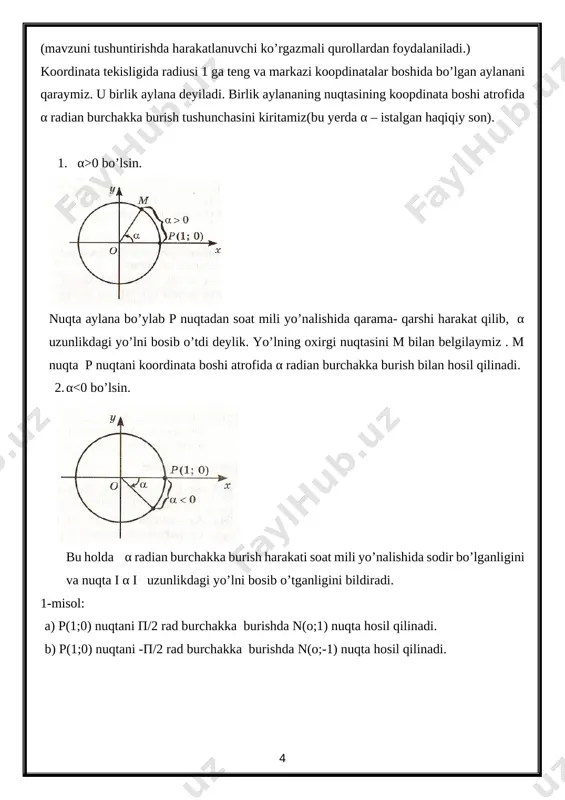 [image: ] 2-misol a) p(1;0) nuqtani 3p/2 rad burchakka burishda k(o;-1) nuqta hosil qilinadi. b) p(1;0) nuqtani –p rad burchakka burishda k(-1;0 ) nuqta hosil qilinadi. [image: ] 0 radga burish nuqtani o’z o’rnida qolganligini bildiradi. p(1;0) nuqtani 2p ga, ya`ni 360ºga burishda u yana dastlabki holatiga qaytadi. shu nuqtani -2p ga, ya`ni -360ºga burishda u yana dastlabki holatiga qaytadi. umuman, agar α = α0 + 2pk (bunda k butun son) bo’lsa, u holda α0 burchakka burishdagi nuqtaning ayni o’zi hosil bo’ladi. misol: p(1;0) nuqtani 1) 7p ; 2) -5p/2 burchakka burishdan hosil bolgan nuqtaning koordinatalarini toping. 1) 7p = p + 2p·3 bo’lgani uchun 7pga burishda p ga burishdagi nuqtaning o’zi , ya`ni (-1;0) koordinatali nuqta hosil bo’ladi. 2) -5p/2 = -p/2-2p bo’lgani uchun -5p/2 ga burishda -p/2 ga burishdagi nuqtalarning o’zi, ya`ni (0;-1) koordinatali nuqta hosil bo’ladi. yangi mavzuni mustahkamlsh: sinf ishi: 267- 272 (toqlari). misollar guruhlar tomonidan …