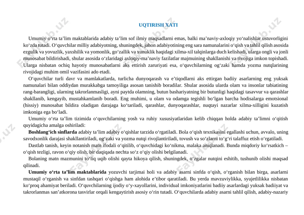 ikki soatning bir soati (34 soat) oddiy sinflar (a2) uchun tuzilgan o‘quv dasturi mavzulari tarkibida berildi, ya’ni 5-sinfda a2: 102 soat; a2+: 136 soat davomida o‘rganiladi. ajratilgan ikkinchi soatda esa, 5-6-sinflarda “ifodali o‘qish”, 7-9-sinflarda esa, “notiqlik san’ati” yondosh dasturlari o‘rganiladi. badiiy asarlarni o‘rganish jarayonida o‘quvchilarda fanga oid kompetensiyalar bilan birgalikda tayanch kompetensiyalar shakllantirilishi nazarda tutiladi. o‘quvchilarda shakllantiriladigan tayanch kompetensiya elementlari: axborot bilan ishlash kompetensiyasi: a2 mavjud axborot manbalaridan (kitob, ommaviy axborot vositalari, internet, kitob, lug‘at, ma’lumotnomalar, (audio-video yozuv), telefon, kompyuter, elektron pochta va boshq.) foydalana olish va ulardagi materiallarga ongli munosabat bildirish, xulosa chiqarish, ibrat olish va o‘z faoliyatida qo‘llay olish. a2+ mavjud axborot manbalaridan (kitob, ommaviy axborot vositalari, internet, kitob, lug‘at, ma’lumotnomalar, (audio-video yozuv), telefon, kompyuter, elektron pochta va boshq.) zarur bo‘lgan axborotlarni izlab topa olish, saralash, qayta ishlash, uzatish, saqlash, xavfsizligini ta’minlash va foydalanishda media-madaniyatga rioya qilish. o‘zini o‘zi rivojlantirish kompetensiyasi: a2 shaxs sifatida ma’naviy, ruhiy va intellektual …