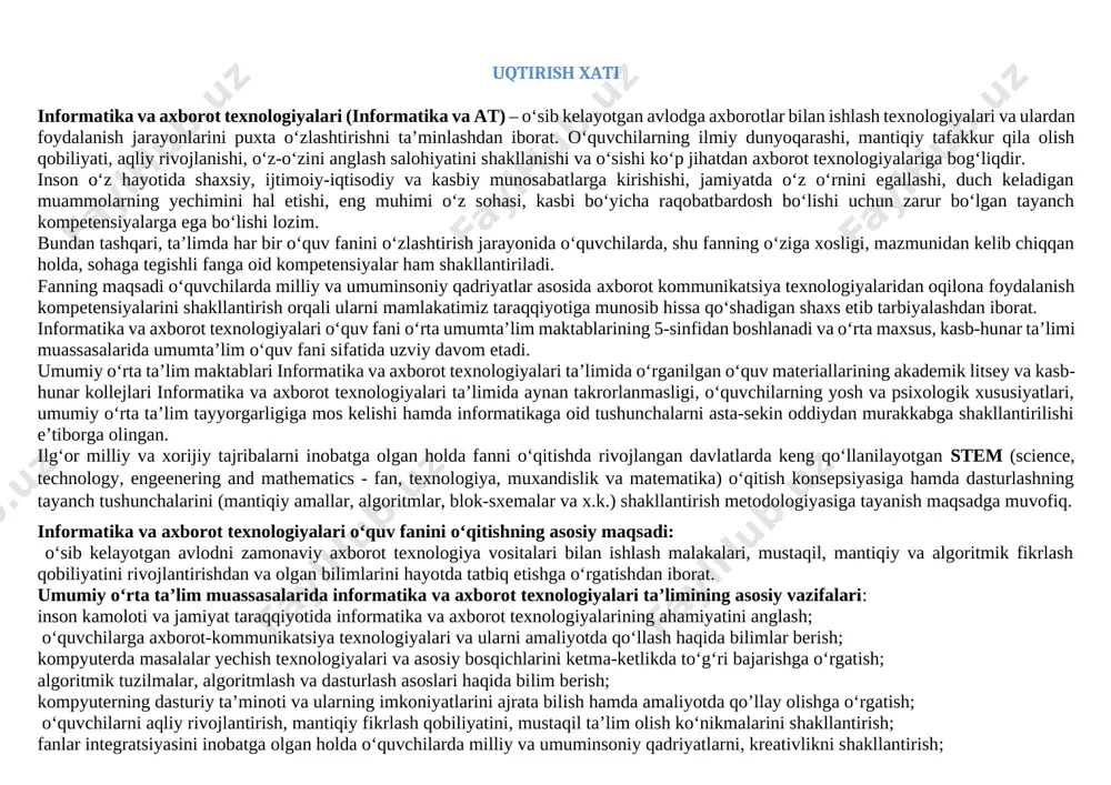 fan va texnika yangiliklaridan xabardor bo‘lish hamda foydalanish kompetensiyasi ii. fk-fanga oid kompetensiyalar 1. fk1-axborotlarni izlash va elektron vositalarda yig‘ish kompetensiyasi 2. fk2-axborotlarni elektron vositalarda qayta ishlash va saqlash kompetensiyasi 3. fk3-axborotlarni elektron vositalar orqali uzatish kompetensiyasi 2021-2022 o‘quv yili uchun 5-sinf “informatika va axborot texnologiyalari” fanidan taqvim mavzu rejasi (haftasiga 1-soatdan 34 soat) t/r mavzular soat rejada amalda uyga vazifa izoh 5 a 5b 5v 5a 5b 5v i chorak 1 kompyuter xonasida havfsizlik texnikasi qoidalari va sanitariya –gigiyena talablari 1 2 informatika fani haqida 1 3 axborot va raqamli texnologiyalar 1 4 axborotni kodlash. axborot oʻlchov birliklari 1 5 amaliy mashgʻulot 1 6 kompyuter va uning tuzilishi 1 7 kompyuterning qoʻshimcha qurilmalari 1 8 klaviatura va sichqoncha bilan ishlash koʻnikmalari 1 9 klaviatura trenajyorlari va “yummiq ko’zlar usulida matn terish” mashqlari. 1 2021-2022 o‘quv yili uchun 6-sinf “informatika va axborot texnologiyalari” fanidan taqvim mavzu rejasi (haftasiga 1-soatdan 34 …