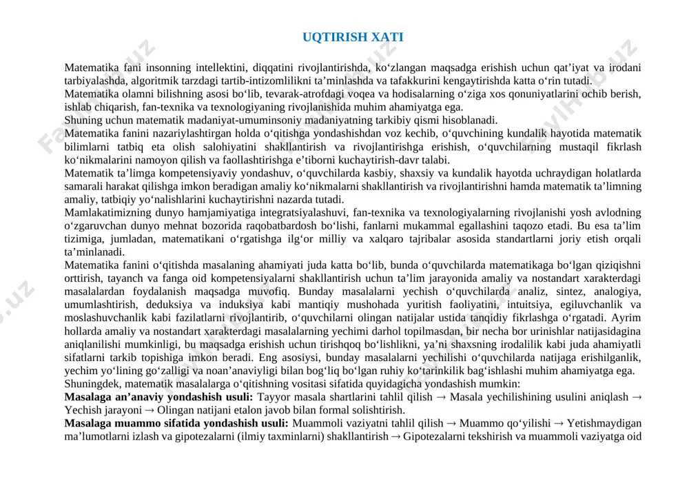 , ko‘nikmalar egallanishini ta’minlash; inson kamoloti va jamiyat taraqqiyotida matematikaning ahamiyatini anglash, ijtimoiy-iqtisodiy munosabatlar, kundalik hayotda matematik bilim va ko‘nikmalarni muvaffaqiyatli qo‘llashga o‘rgatish; o‘quvchilarning individual xususiyatlarini rivojlantirgan holda, mustaqil ta’lim olish ko‘nikmalarini shakllantirish; fanlar integratsiyasini inobatga olgan holda o‘quvchilarda, milliy va umuminsoniy qadriyatlarni, kreativlikni shakllantirish hamda ongli ravishda kasb tanlashga yo‘naltirishdan iborat. shuningdek, umumiy o‘rta ta’lim tizimida o‘quvchilarda fanga oid umumiy kompetensiyalar bilan birgalikda tayanch kompetensiyalar shakllantirilib boriladi. tayanch kompetensiyalar: kommunikativ kompetensiya: a2 matematikaga oid terminlarning ma’nosini tushunib, to‘g‘ri o‘qiy oladi; so‘z va gaplarni bog‘lagan holda o‘z fikrini aniq va ravshan ifodalay oladi; fikrni mantiqiy izchillikda ifodalay oladi; matematikaga oid audiomatnni tinglab, videotasvirlarni ko‘rib tushinadi, tegishli munosabat bildira oladi; matematik matn ma’nosini qayta so‘zlab bera oladi, matematik qoidalarni yoddan ifodali ayta oladi. a2+ mavzudan kelib chiqqan holda ona tilida hamda birorta xorijiy tilda tushuntirishda o‘zaro muloqotga kirisha oladi, muloqotda muomala madaniyatiga amal qila oladi; matematik muammoni hamkorlikda yechganda jamoada samarali …