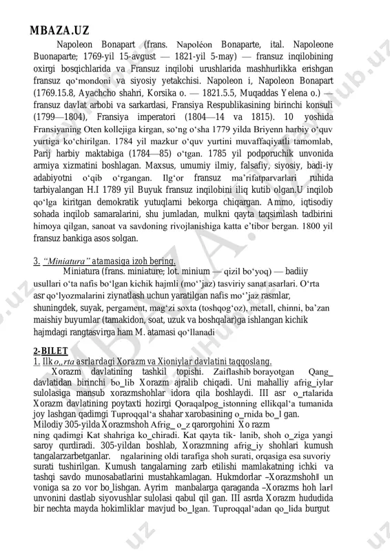 ri darajada rivoj topgan. xorazm xioniylar, kidariylar, eftallar hamda turk xoqonligi davrida ham o‗zining siyosiy mustaqilligini saqlab qoladi. xo- razm vizantiya va turklar bilan dip lo matik aloqalar olib borgan. xioniylar davlati. iv asrning 70-yillaridan v asrning ik- kin chi yarmigacha o‗rta osiyoda xioniylar hukmronlik qilgan. bu davlatga turkiy qabilalardan xioniylar asos solgan bo‗lib, davlatning markazi zarafshon vohasida bo‗lgan. xioniylar dastlab zarafshon vohasini egallab, janubga harakat qilishgan va ancha zaiflashib qolgan kushon podsholigi o‗rnini egallagan. markazi toxariston bo‗lgan shimoliy hindiston, afg‗oniston, xurosonning bir qismini ham o‗z ichiga olgan xioniylardav latini barpo qilishgan. ushbu davlat 120 yildan oshiqroq faoliyat yuritgan. 2. amir temurning dunyo tarixidagi tutgan o„rni haqida mulohaza yuriting. amir temur 1336-yil 9-aprelda qadimgi kesh viloyatidagi(xozirgi shahrisabz)yakkabog‘ tumanida(xo`ja ilg`or qishlog`ida) tug`uladi. uning to`liq ismi amir temuribn amir tarag‘ay ibn amir barqul. onasi takinaxotun. shayx shamsiddin kuloltemurbekning piri bo`lgan.amir temur mohir chavandoz va jangchi bo`lgan. amirtemurning asosiy maqsadi markazlashgan davlat tuzish …