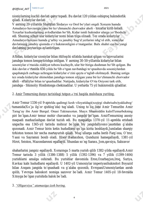 an edi. jome masjidi kutubxonasida 12 ming jild kitob bo‗lgan. shahardagi barcha kutubxonalardan foydalangani va shu tufayligina asarlarini yoza olganini e‗tirof etgan. yoqut marvda lozim bo‗lgan asar nusxalari ham ko‗p bo‗lganligini, asosiy e‗tibori bilan dunyoning biror shahridagi kutubxona marv bilan bellasha olmasligini qayd qilgan edi. bu xorazmshohlar davrida mavrning buyuk bir madaniyat markaziga aylanganligidan dalolat beradi. v asr o‗rtalarida o‗rta osiyoga ettisuv va sharqiy turkistondan ko‗chmanchi chorvador xion nomli qabilalarning hujumi boshlanadi. xioniylar milodiy 353-yilda o‗z hukmdori grumbat boshchiligida sug‗dga bostirib kiradilar. so‗ngra ular eronda tashkil topgan va tobora kuchayib borayotgan sosoniylar davlati bilan to‗qnashadilar. dastlabki janglardayoq sosoniylar shohi shopur ii (309-379) xioniylardan yengiladi. so‗ngra o‗zaro sulhga kelishilib, hatto ular o‗rtasida ittifoqlik ipi bog‗lanadi. o‗rtadagi ittifoq goh buzilib, goh tiklanib turadi. nihoyat, iv asrning 70-yillarida o‗rta osiyoda xioniylar hukmronligi o‗rnatildi. sirdaryo bo‗ylaridan to amudaryo havzasigacha cho‗zilgan keng maydonda @official_akt tarix 9-sinf 2021 4 xioniylarning kuchli davlati qaror topadi. bu davlat …