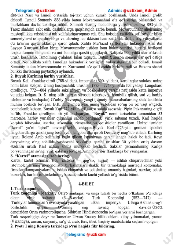 uch ulkan kapital egalari qo`ladi to`planishi. 3-bilet 1. somoniylar davlati. arab xalifasi horuii ar-rashid vafotidan so’ng uning o’g’illari ma'mun va amin o'rtasida taxt uchun bo'lgaii kurashda ma’munga yordam berganliklari uchun somonxudotning nabiralari ayrim shahar va viloyatlarga noib qilib tayinlanadilar. chunonchi, nuhga samarqand, ahmadga farg'ona, yahyoga shosh va ustrushona, ilyosga hirot tegadi. buning evaziga aka-uka somoniylar movarounnahming har yilgi xirojidan juda katta mablag’ni tohiriylar orqali xalifa xazinasiga yuborib turadilar 9-asrda movarounnahming siyosiy hayotida o’zgarislilar yuz berib, yurtgaavval null, so’ngra ahmad boshchilik qiladi. liar biri hukmronligi davrida o'z nomlaridan chaqa tangalar zarb cttiradilar. ahmad vafotidan (865) key in uning o’g'li nasr samarqandni markazga aylantiradi. u movarounnahming barcha viloyatlarini birlashtirish va uni xurosondan ajratib olish choralarini ko’radi. 9-asming oxirgi choragida movarounnahming dcyarli barcha viloyatlari somoniylar tassarufiga o'tadi. nasr butun movarounnahming hukmdoriga aylanadi va kumush dirham zarb etadi. ko'p o'tmay telegram: @uzexam admin: @uzexam_admin telegram: @uzexam aka-uka nasr va ismoil o’rtasida toj-taxt uchun kurash …