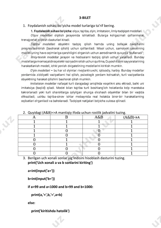 xonali sondan ikkinchi raqamini chiqaruvchi dastur tuzing. a=int(input('99 ⏋c) mantiqiy mulohaza uchun rostlik jadvalini tuzing. a b c /a /b /c /a&/b /a&/b=>/c /)/a&/b=>/c) 1 1 1 0 0 0 0 1 0 1 1 0 0 0 1 0 1 0 1 0 1 0 1 0 0 1 0 1 0 0 0 1 1 0 1 0 0 1 1 1 0 0 0 1 0 0 1 0 1 0 1 0 1 0 0 0 1 1 1 0 1 0 1 0 0 0 1 1 1 1 1 0 3. foydalanuvchi tomonidan kiritilgan ixtiyoring satrni uzunligi hisoblovchi dastur tuzing. a=input('matn kiriting',) n=len(a) print('matn',n,'belgidan iborat') 18-bilet 1. verbal model tushunchasini izohlang. axborot modeli – bu obyekt, jarayon yoki hodisa xususiyatlari va holatini tavsiflovchi ma’lumotlar yig‘indisi. axborot modellari, o‘z navbatida, belgili (maxsus belgilar, ya’ni har qanday formal til vositalari bilan ifodalangan axborot modeli) va verbal …