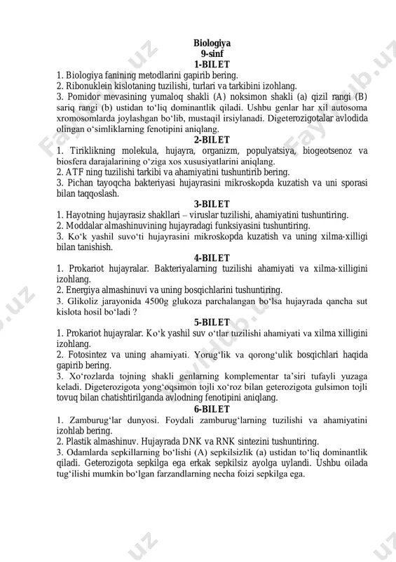 ifodalanadi. geterozigotali uchinchi va to‘rtinchi qon guruhli yigit va qiz turmushidan qanday qon guruhli farzandlar tug‘ilishi mumkin? 8-bilet 1. lishayniklar tuzilishi, xilma-xilligi va ahamiyatini ayting. 2. hujayra sikli. mitoz, uning bosqichlari va ahamiyatini aytib bering. 3. quyidagi jadvalda organoidlarning nomi berilgan, ularni vazifalari bilan juftlab ko‘rsating. 1 albumin va globulinlarni sintezlaydi a mitoxondriya 2 oqsil, uglevod va yog‘larni parchalaydi b silliq endoplazmatik to‘r 3 uning yordamida plazmatik membrana yangilanib turadi c xloroplastlar 4 dnk va oqsildan iborat d lizosoma 5 aerob sharoitda atf sintezlaydi e golji majmuasi 6 birlamchi uglevodlarni sintezlaydi j donador endoplazmatik to‘r 7 yog‘ va uglevodlarni sintezlaydi k xromosoma 1- 2- 3- 4- 5- 6- 7- 9-bilet 1. hujayrani o‘rganish tarixi, hujayra nazariyasining mohiyatini va ahamiyatini izohlang. 2. meyoz, uning bosqichlari va ahamiyatini aytib bering. 3. o‘simlik hujayrasida plazmoliz va deplazmolizni kuzating va unga ta’rif bering. 10-bilet 1. hujayrani o‘rganish usullarini ayting. 2. tirik organizmlarning jinssiz ko‘payish …