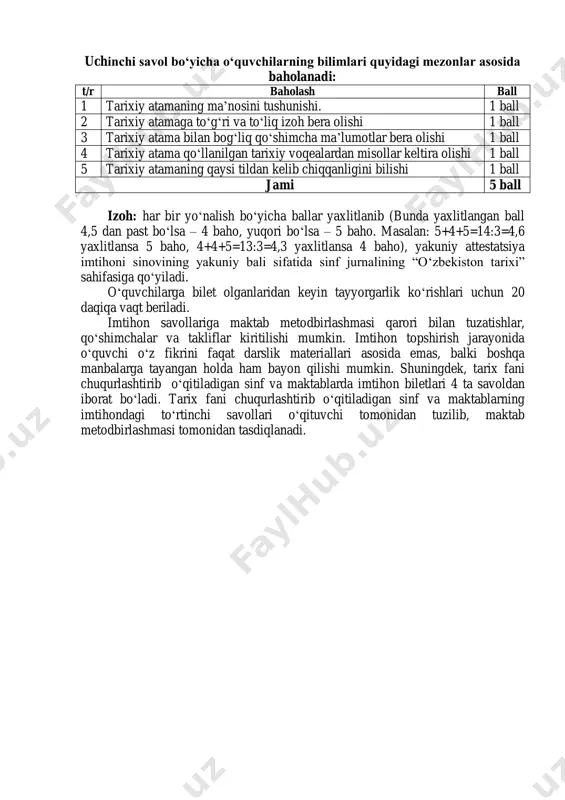 ari haqida fikr bildiring. 3. “karavella” atamasiga izoh bering. 16-bilet 1. qadimgi misr. 2. jaloliddin manguberdining o‘zbekiston tarixida tutgan o‘rni haqida ayting. 3. “espeditsiya” atamasiga izoh bering. 17-bilet 1. qang‘ davlati . 2. oktavian avgust haqida ma’lumot bering. 3. “jevachi” atamasiga izoh bering. 18-bilet 1. g‘aznaviylar davlati. 2. ismoil somoniy haqida ma’lumot bering 3. “gildiya” atamasiga izoh bering. 19-bilet 1. eftallar davlati. 2. mahmud g‘aznaviy haqida ma’lumot bering. 3. “dukchi” atamasiga izoh bering. 20-bilet 1. amir temur davlati. 2. yustinian i haqida ma’lumot bering. 3. “delegat” atamasiga izoh bering. 21-bilet 1. avstriya-vengriya imperiyasi. 2. abulg‘oziy bahodirxon haqida ma’lumot bering. 3. “manifest” atamasiga izoh bering. 22-bilet 1. aqsh ning tashkil topishi. 2. amir umarxon haqida ma’lumot bering. 3. “chorizm” atamasiga izoh bering. 23-bilet 1. qo‘qon xonligi. 2. boburiylar sulolasidan bo‘lgan shoh jahonning hindiston tarixidagi o‘rni haqida fikr bildiring. 3. “kommuna” atamasiga izoh bering. 24-bilet 1. xiva xonligi. 2. oliver kromvel haqida …