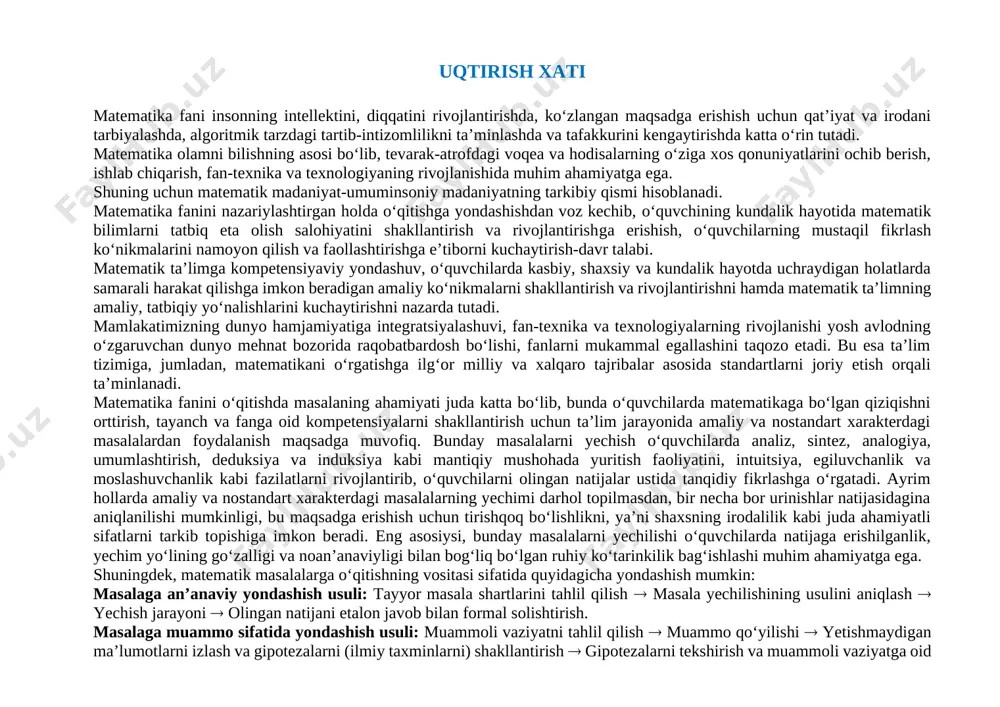 n shaxsni shakllantirish; milliy, ma’naviy va madaniy merosni qadrlash, tabiiy-moddiy resurslardan oqilona foydalanish va asrab-avaylash, matematik madaniyatni umumbashariy madaniyatning tarkibiy qismi sifatida tarbiyalashdan iborat. umumiy o‘rta ta’lim muassasalarida matematika fanini o‘qitishning asosiy vazifalari: o‘quvchilar tomonidan matematik tushunchalar, xossalar, shakllar, usullar va algoritmlar haqidagi bilim, ko‘nikmalar egallanishini ta’minlash; inson kamoloti va jamiyat taraqqiyotida matematikaning ahamiyatini anglash, ijtimoiy-iqtisodiy munosabatlar, kundalik hayotda matematik bilim va ko‘nikmalarni muvaffaqiyatli qo‘llashga o‘rgatish; o‘quvchilarning individual xususiyatlarini rivojlantirgan holda, mustaqil ta’lim olish ko‘nikmalarini shakllantirish; fanlar integratsiyasini inobatga olgan holda o‘quvchilarda, milliy va umuminsoniy qadriyatlarni, kreativlikni shakllantirish hamda ongli ravishda kasb tanlashga yo‘naltirishdan iborat. shuningdek, umumiy o‘rta ta’lim tizimida o‘quvchilarda fanga oid umumiy kompetensiyalar bilan birgalikda tayanch kompetensiyalar shakllantirilib boriladi. tayanch kompetensiyalar: kommunikativ kompetensiya: a2 matematikaga oid terminlarning ma’nosini tushunib, to‘g‘ri o‘qiy oladi; so‘z va gaplarni bog‘lagan holda o‘z fikrini aniq va ravshan ifodalay oladi; fikrni mantiqiy izchillikda ifodalay oladi; matematikaga oid audiomatnni tinglab, videotasvirlarni ko‘rib tushinadi, tegishli munosabat …