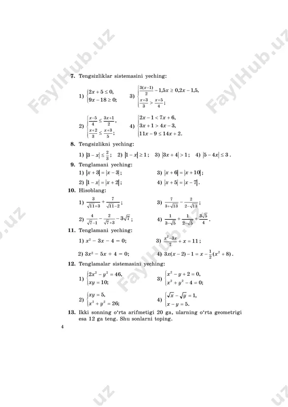 ) y = 3x2 + 5x – 2. 6. agar ó = õ2 + px + q kvadrat funksiyaning x 1 va x 2 nollari ma’lum bo‘lsa, p va q koeffitsiyentlarni toping: 1) x 1 = 2, x 2 = 3; 2) x 1 = –4, x 2 = 1; 3) x 1 = –1, x 2 = –2; 4) x 1 = 5, x 2 = –3. 7. x ning ó = x2 + 2x – 3 va ó = 2õ + 1 funksiyalar teng qiymatlar qabul qiladigan qiymatlarini toping. 2- §. y = x2 funksiya y = x2 funksiyani, ya’ni à = 1, b = c = 0 bo‘lgandagi ó = ax2 + bx + ñ kvadrat funksiyani qaraymiz. bu funksiyaning grafigini yasash uchun uning qiymatlari jadvalini tuzamiz: –4 –3 –2 –1 0 1 2 3 4 16 9 4 1 0 1 4 9 16 jadvalda ko‘rsatilgan …