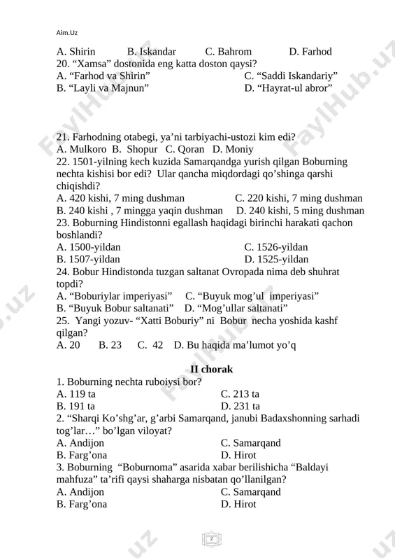 shaxsiyat va soxtalar bilan ikkinchi oqlanmaydurg’on bo’lib qoralandim. ko’nglida shamsi g’uboroti, teskarichilik maqsadi bo’lmag’on sodda, vijdonli yigitga xo’rlikdan o’lim tansiqroqdir” – ushbu jumlalar kimning suddagi nutqidan? a. cho’lpon b. g’. g’ulom c. fitrat d. a. qodiriy 17.“agar oshig’lig’im aytsam, kuyub jon-u jahon o’rtar...” deb boshlanuvchi g’azal muallifi kim? a. z. m. bobur c. boborahim mashrab b. muhammad rizo ogahiy d. alisher navoiy 18. xix asrda yashab ijod etgan shoir, tarixchi va tarjimonni belgilang. a. bobur b. muqimiy c. ogahiy d. zavqiy 19. “aqllik kishilarning o’g’ullari ustidan qilg’an ishlari albatta noma’qul bo’lmas”. ushbu parcha qaysi adabiy qahramonga tegishli? a.“o’tgan kunlar” otabek b. “kecha va kunduz” o’lmas c. “mehrobdan chayon” anvar d. “oltin zanglamas” sodiq 20. adabiyot necha turdan iborat? a. 4 turdan – kino, qoshiq, dramaturgiya, maqol b. 2 turdan – haykaltaroshlik, dramaturgiya c. 3 turdan – she’riyat, dramaturgiya, nasr d. to’g’ri javob yo’q 21. “alpomish” dostonida alpomishga hamisha hamroh bo’lgan …