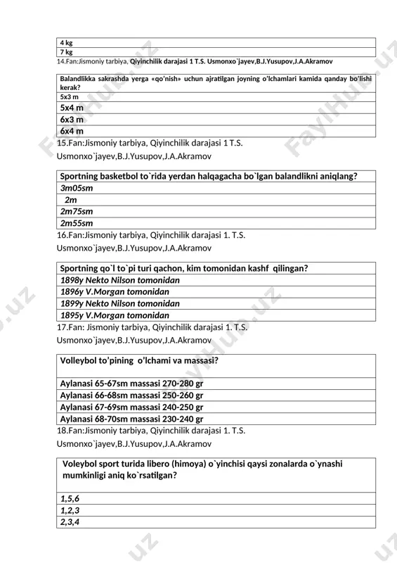 iya, qiyinchilik darajasi 1. t.s. usmonxo`jayev,b.j.yusupov,j.a.akramov voleybol to`pi og`irligini aniqlang? 270-280gr 290-300gr 289-295gr 250-298gr 21.fan:jismoniy tarbiya, qiyinchilik darajasi 1. t.s. usmonxo`jayev,b.j.yusupov,j.a.akramov futbol maydoni o`rtasidagi aylananing radiusini aniqlang? 9,15m 7,15 m 9 m 11m 22.fan:jismoniy tarbiya, qiyinchilik darajasi 1. t.s. usmonxo`jayev,b.j.yusupov,j.a.akramov futbol o`yinida tanaffus necha daqiqadan iborat? 15 daqiqa 5 daqiqa 20 daqiqa 10 daqiqa 23.fan:jismoniy tarbiya, qiyinchilik darajasi 1. t.s. usmonxo`jayev,b.j.yusupov,j.a.akramov sportning futbol turiga xos bo`lgan ta`rifni aniqlang?- to`p og`irligi 396-453gr, maydoni 90x120m to`p og`irligi 456-487gr, maydoni 45x90m to`p og`irligi 396-469gr, maydoni 20x40m to`p og`irligi 396-489gr, maydoni 90x120m 24.fan:jismoniy tarbiya, qiyinchilik darajasi 1. t.s. usmonxo`jayev,b.j.yusupov,j.a.akramov barkamol avlod” sport o`yinlar kimlar o`rtasida o`tkaziladi? akademik litsey va kasb hunar kollej talabalari o`rtasida maktab o`quvchilari o`rtasida oily o`quv yurti talabalari o`rtasida akademik litsey talabalari o`rtasida 25fan:jismoniy tarbiya ,qiyinchilik darajasi 1. t.s. usmonxo`jayev,b.j.yusupov,j.a.akramov agar startdagi ishtirokchi harakatsiz start vaziyatlarini egallash uchun uzoq, vaqt sarflasa, starter qanday qaror chiqarishi kerak? otstavit!" (bekor) buyrug’ini berishi va …
