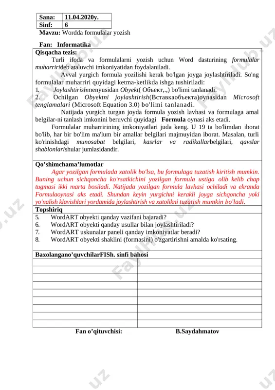wordart uskunalar paneli qanday imkoniyatlar beradi? 8. wordart obyekti shaklini (formasini) o'zgartirishni amalda ko'rsating. baxolangano’quvchilarfish. sinfi bahosi fan o’qituvchisi: b.saydahmatov sana: 16.04.2020y. sinf: 6 mavzu: wordda hujjatni chop etish fan: informatika qisqacha tezis: tayyor hujjatni qog'ozga chop etish vaqti yetdi. o'zingiz, tayyorlagan rasmlar, chizmalar va jadvallarga boy hujjatlarni qog'ozda qanday ko'rinishda aks etishini ko'rishni hohlasangiz, bu mavzuni chuqur o'zlashtirib olishingiz zarur. hujjatni qog'ozga chop etish uchun chop etish (pechat) piktogrammasini bosish kifoya. hujjatni chop etish parametrlarini o'zgartirish uchun fayl menyiisininy chop etish (pechat) bo'limi tanlanadi. ekranga chop etish (pechat) lavhasi chiqadi. chop etish lavhasi printer (printer), sahifalar (stranitsi), nusxalar (kopii), masshtab (masshtab), qamrov (vklyuchit), chop etish (napechatat) bandlaridan iborat qo’shimchama’lumotlar hujjatni kitobcha shaklida chop etishda ehtiyojga qarab, o'ng tomondan yoki yuqoridan muqovalash ham mumkin. buning uchun buklet maketida tegishli ko'rsatma tanlanadi. topshiriq 1. uskunalar panelidagi qaysi piktogramma yordamida hujjatni chop etish mumkin? 2. qaysi hollarda hujjatni chop etish uchun fayl …