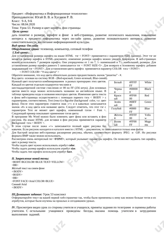edeni besedi, okazana pomosh uchitelem v zatrudnenii vipolneniya zadaniy. predmet: «informatika i informatsionnie texnologii» prepodavateli: yugay v. v. i xusanov r. v. klass: 9-a, 9-b chislo: 08.04.2020 tema: urok-53. razmer i tsvet shrifta, fon stranitsi tseli uroka: dat ponyatie o razmere, shrifte i fone v veb-stranitsi, razvitie logicheskogo mishleniya, povishenie interesa k predmetu informatika cherez on-layn uroki, razvitie poznavatelnogo interesa, razvitie samostoyatelnosti, vospitanie informatsionnoy kulturi. vid uroka: on-layn oborudovanie uroka: televizor, kompyuter, sotoviy telefon i.xod uroka : dlya ustanovleniya razmera shrifta na yazike html teg primenyaetsya s parametrom size (razmer). etot teg ne menyaetsya razmer shrifta v html-dokumente, izmenenie razmera shrifta mojno uvidet brauzerom. v veb-stranitsax mojno ispolzovat 7 razmerov shrifta. oni uporyadocheni ot 1 po 7, 1- naimenshiy i 7 – naibolshiy, razmeri. dlya ustanovleniya razmer shrifta ravnogo 5 zapisivaetsya teg . dlya vozvrata k osnovnomu shriftu dobavim zakrivayushiy teg . dlya ustanovleniya tsveta shrifta primenyaetsya parametr color tega …