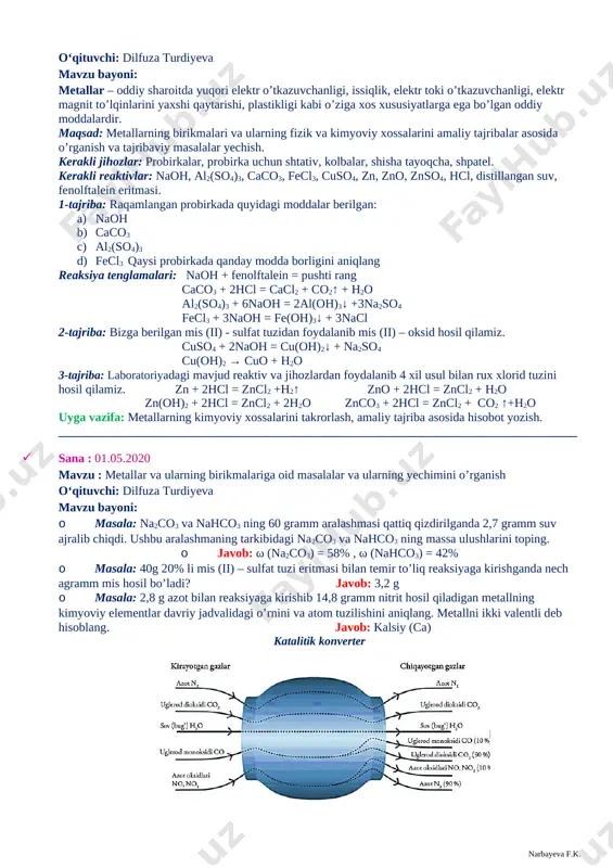 ir (ii)-oksidi yordamida cho‘yan tarkibidagi qo‘shimchalar oksidlanadi. 2fe + o2 → 2feo + q 5feo + 2p → 5fe + p2o5 + q 2feo + si → 2fe + sio2 + q feo + mn → fe + mno + q feo + c → fe + co↑ + q uglerod co va co2 gazlari ko‘rinishida chiqarib yuboriladi. kremniy, marganes va boshqa metallarning oksidlari shlak tarkibiga o‘tadi. oltingugurt — cho‘yan tarkibida fes ko‘rinishda bo‘ladi va u cao yordamida cas shakliga o‘tadi. fosfor esa cho‘yan tarkibidagi fosforni oksidlanishida hosil bo‘lgan p2o5 ni ohak bilan ta’sirlashuvi natijasida hosil bo‘lgan ca3(po4)2 shaklida shlak tarkibiga o‘tadi. fes + cao = cas + feo 3cao + p2o5 = ca3(po4)2 to‘yingan cho‘yandan po‘lat olish jarayoni kislorod konvertori, marten pechi yoki elektr yoyi pechlarida amalga oshiriladi. bekobod metallurgiya zavodida marten usulidan foydalaniladi. uyga vazifa: 171-betdagi 1-3-savollarga javob yozish. ____________________________________________________________________________________ · sana : 28.04.2020 mavzu : “metallar” mavzusi …