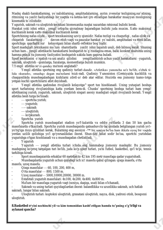 azmunini atletika musobaqalari tashkil etar edi. olimpiada musobaqalarning eng qadimgi turi! bosqichga (qariyb 192 m) yugurishdan iborat edi. iii- o‘yinlardan boshlab, musobaqalar dasturiga 2 stadiyaga chopish. 15-olimpiada o‘yinlaridan boshlab esa chidamliligini sinash uchun yugurish kiritildi. 18-o‘yinlardan boshlab, musobaqa besh kurash musobaqasi bilan to‘ldirilib, bu musobaqa keyinchalik bayramning markaziy qismi bo‘lib qoldi. bu vaqtlarda musobaqalar dasturiga kurash xam kiritilgandi. biroz keyinroq mushtlashish, kush gildirakli aravada yurish va pankration (mushtlashish bilan kurashning birlashuvi) qo‘shildi. dastlabki vaqtlarda o‘yinlarda xarbiy majburiyatlarini o‘tayotgan katta yoshdagi yunonlargina ishtiroq etardi. 37-o‘yinlardan boshlab o‘yinlarda bolalar qatnasha boshladilar. bolalarning chiqishlari uchun bayram paytlarida aloxida kun ajratilardi.1992-yili 21-yanvarda o'zbekiston respublikasining „xalqaro olim-piyada qo'mitasi" tuzildi, shu yili 3- martdan esa xalqaro olimpiyada qo'mitasi tarkibiga kiritildi va uning haqiqiy a'zosi deb hisoblandi. bu o'zbekiston sportchilarining olimpiada, osiyo va jahon birinchiiiklarida mustaqil terma jamoa sifatida ishtirok etishlariga imkon yaratdi. 5.egiluvchanlik deb nimaga aytiladi? egiluvchanlik ko‘proq qaysi sport turida rivojlanadi? sportchi tanasining mumkin qadar …