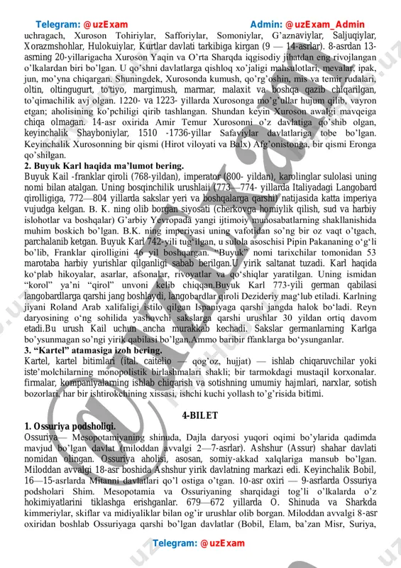 yil hi rot, seiston, mazondaronni egallaydi. shundan so'ng saraxs, jom, qavsiya, sabzavor shaharlarini jangsiz egallaydi. xorazmga 5 marta yurish qilib 1382-yilda egallaydi. amir temur tarixda 3 yillik [1386-1388] 5 yillik [1392-1396] va 7 yillik [1399-1404] yurishlarni amalga oshiradi. bu yurishlar davomida eron, ozarbayjon, iroq, suriya, kavkaz kabi hududlarni egallaydi. u 1402-yil usmoniylar imperiyasi hukmdori boyazid bilan anqara jangida to'qnashadi va g'alaba qozonib, yevropani usmoniylardan asrab qolib, yevropa haloskori nomiga sazovor bo'ladi. amir temur 1405-yil 18-fevralda xitoyga bo'lgan yurishida halok bo' ladi. 3. “oligarxiya” atamasiga izoh bering. oligarxiya (yunoncha – ozchilik hokimyati) – iqtisodiy va siyosiy hukmronlikning bir hovuch ulkan kapital egalari qo`ladi to`planishi. 3-bilet 1. xuroson. xuroson (fors. xorasan) — eronning shimoli-sharqiy qismida joylashgan tarixiy viloyat. xuroson atamasi sososniylar davlati davrlaridan beri ma’lum. parfiya podsholigining markazi (mil. av. 250 — mil. 224). xuroson nomi sosoniylar davridan ma’lum. xuroson 3- asrdan 18-asr o’rtalarigacha hozirgi eronning shim.sharqiy qismi, marv vohasi, hozirgi turkmanistonning …