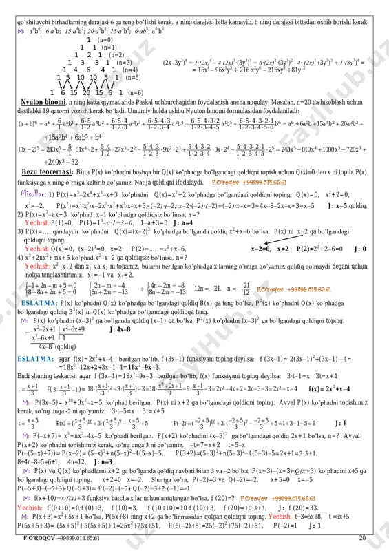 ‟indining kubi: (a+b) 3 =a 3 +3a 2 b+3ab 2 +b 3 = = a 3 +3ab(a+b)+b 3 ayirmaning kubi: (a–b) 3 =a 3 –3a 2 b+3ab 2 –b 3 = = a 3 –3ab(a–b)–b 3 a 4 –b 4 =(a 2 –b 2 )(a 2 +b 2 )= =(a–b)(a+b)(a 2 +b 2 ) a 4 +a 2 +1 = =(a 2 +a+1)(a 2 –a+1) (a+b+c) 2 = a 2 +b 2 +c 2 +2ab+2ac+2bc (a+b–c) 2 = a 2 +b 2 +c 2 +2ab–2ac–2bc eslatma: agar ikki hadning faqat bittasini ishorasini o‟zgartirsak qo’shma sonlar hosil bo‟ladi. m: a+b ga qo‟shma son a–b yoki –a+b. 7–x ga qo‟shma son 7+x yoki –7+x m: 1) 8 42 3 3226 8 42 4 2 3 2 26 4 2 4 2 3 2 4 9 16 3 2564 9 2 3 4 1 2 4 1 2 3 4 1 y ba …