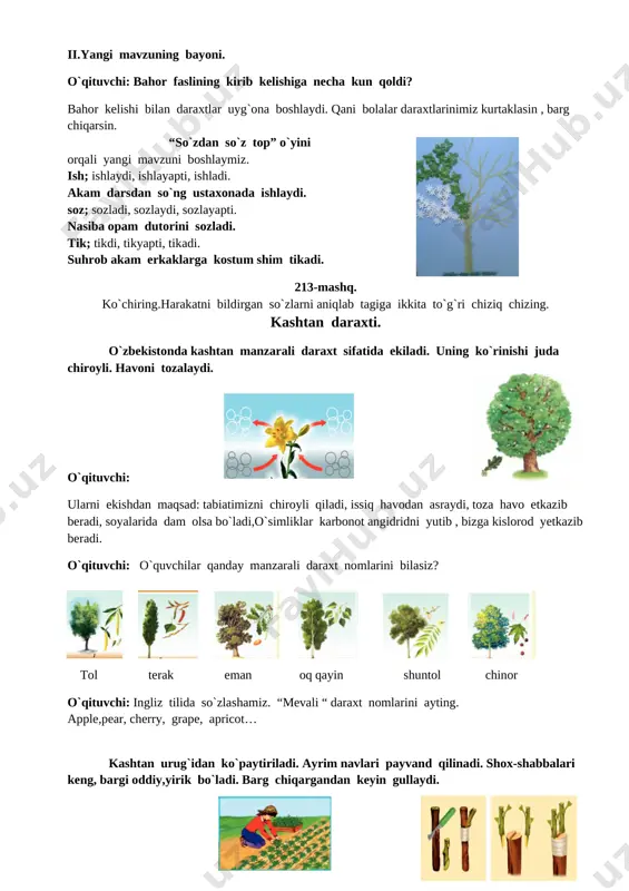 avob bo`ladi? a) kim?, nima b) qanday?, qanaqa? d) nima qildi?, nima qiladi? 2. shaxs va narsa harakatini bildirgan so`zlar berilgan qatorni toping. a) yog`, ko`ylak b) kuyladi ovqatlandi d) chiroyli , kiyim 3.bahor keldi, gul ochildi. nur sochildi borliqqa, oh qandayin o`yin kulgi! yurak to`ldi shodlikka. ushbu she`rda shaxs va narsaning harakatini bildirgan nechta so`z ishtirok etgan? a) 4 ta b) 5 ta d) 6 ta 4.agar so`z birdan ortiq shaxslar bajargan harakatni bildirsa qanday so`roqqa javob bo`ladi? a) kimlar? b) nima qildi? d) nima qildilar? 5.qushlar inga qo`nib, maza qilib donlashdi. ushbu gapda nechta harakatni bildirgan so`zlar ishtirok etgan? a) 1 ta b) 2 ta d) 3 ta [image: image12.png][image: image13.png][image: image14.png][image: image15.png][image: image16.png]“do`stim senga ishonaman” o`yini orqali test natijalarini aniqlash. ii.yangi mavzuning bayoni. o`qituvchi: bahor faslining kirib kelishiga necha kun qoldi? [image: image17.png]bahor kelishi bilan daraxtlar uyg`ona boshlaydi. qani bolalar daraxtlarinimiz kurtaklasin , barg chiqarsin. “so`zdan so`z …