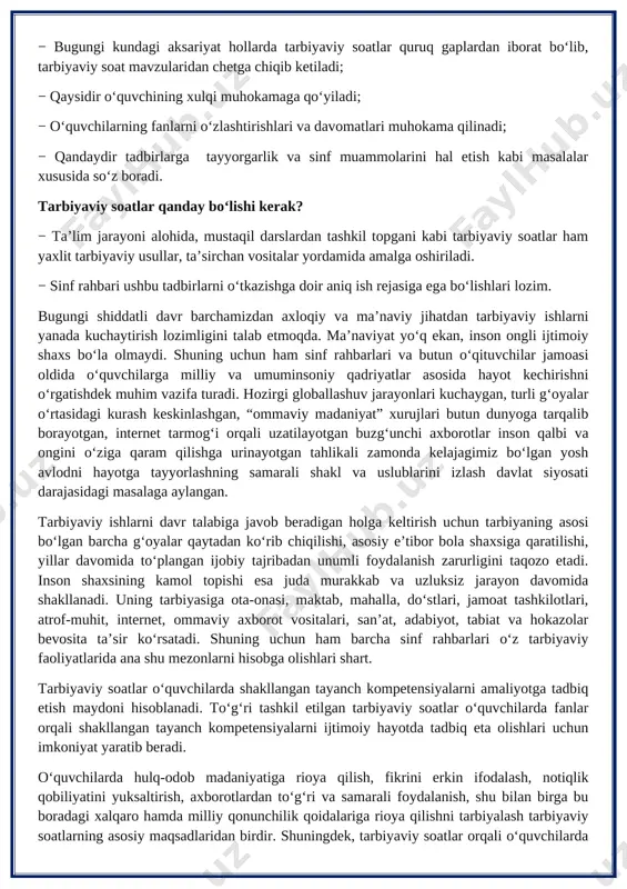 zimligini talab etmoqda. ma’naviyat yo‘q ekan, inson ongli ijtimoiy shaxs bo‘la olmaydi. shuning uchun ham sinf rahbarlari va butun o‘qituvchilar jamoasi oldida o‘quvchilarga milliy va umuminsoniy qadriyatlar asosida hayot kechirishni o‘rgatishdek muhim vazifa turadi. hozirgi globallashuv jarayonlari kuchaygan, turli g‘oyalar o‘rtasidagi kurash keskinlashgan, “ommaviy madaniyat” xurujlari butun dunyoga tarqalib borayotgan, internet tarmog‘i orqali uzatilayotgan buzg‘unchi axborotlar inson qalbi va ongini o‘ziga qaram qilishga urinayotgan tahlikali zamonda kelajagimiz bo‘lgan yosh avlodni hayotga tayyorlashning samarali shakl va uslublarini izlash davlat siyosati darajasidagi masalaga aylangan. tarbiyaviy ishlarni davr talabiga javob beradigan holga keltirish uchun tarbiyaning asosi bo‘lgan barcha g‘oyalar qaytadan ko‘rib chiqilishi, asosiy e’tibor bola shaxsiga qaratilishi, yillar davomida to‘plangan ijobiy tajribadan unumli foydalanish zarurligini taqozo etadi. inson shaxsining kamol topishi esa juda murakkab va uzluksiz jarayon davomida shakllanadi. uning tarbiyasiga ota-onasi, maktab, mahalla, do‘stlari, jamoat tashkilotlari, atrof-muhit, internet, ommaviy axborot vositalari, san’at, adabiyot, tabiat va hokazolar bevosita ta’sir ko‘rsatadi. shuning uchun ham …