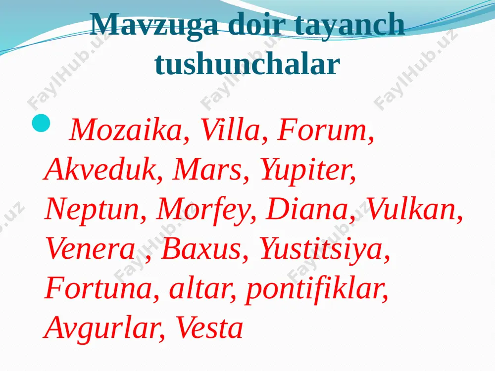 ngan? a) freska b) mozaika c) miniatyura d) villa 4. rimda shahar markazi qanday atalganligini aniqlang. a) akveduk b) altar c) forum d) agora 5. rimda shaharlar markazidagi forumda nimalar joylashgan edi? a) markaziy ibodatxona b) xalq yig’ilishi uchun joy c) hamma javoblar to’g’ri d) bozor maydoni 6. rimda shaharga suv oqib keluvchi osma suv quvurlari qanday atalgan? a) amfora b) villa c) altar d) akveduk 7. rim bozorlarida eng bozori chaqqon tovar nima bo’lgan? a) g’alla b) gazlama c) qullar d) metal 8. rimda o’g’il bolalar necha yoshgacha pushti yo’lli toga kiyib yurishgan? a) 7 yoshgacha b) 14 yoshgacha c) 12 yoshgacha d) 10 yoshgacha 9. rimda urush xudosini aniqlang. a) merkuriy b) mars c) ares d) yupiter 10. rimda merkuriy qanday xudo bo’lgan? a) urush xudosi b) savdo-sotiq xudosi c) olov va temirchilur xudosi d) chaqmoq xudosi test javoblari 1 2 3 4 5 6 7 8 9 …