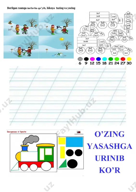 erilgan so‘zlardan gap tuzing va yozing. baliqchalar belgisini bildirgan so‘zlarni aniqlab, to‘lqinli chiziq bilan belgilang. keltirdi, otam, baliqchalar, ko‘k, chiðor, qora, qizil; akvariumga, soldik, baliqchalarni, biz; suzishdi, baliqchalar, o‘tlar, yam-yashil, orasida. 5- topshiriq. gaplarni yozing. harakatni bildirgan so‘zlarni aniqlang va tagiga ikkita chiziq chizing. bog‘larda, xiyobonlarda sayr qilish kishiga kuch-quvvat bag‘ishlaydi. yurak faoliyatini yaxshilaydi. kayfiyatini ham ko‘taradi.