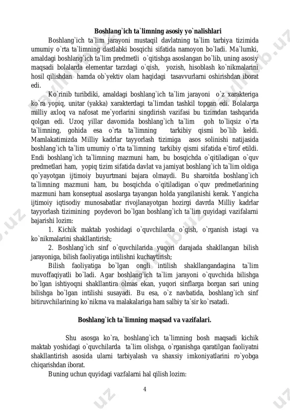 akalariga ham salbiy ta`sir ko`rsatadi. boshlang`ich ta`limning maqsad va vazifalari. shu asosga ko`ra, boshlang`ich ta`limning bosh maqsadi kichik maktab yoshidagi o`quvchilarda ta`lim olishga, o`rganishga qaratilgan faoliyatni shakllantirish asosida ularni tarbiyalash va shaxsiy imkoniyatlarini ro`yobga chiqarishdan iborat. buning uchun quyidagi vazfalarni hal qilish lozim: 5 1. bolalarning ongi va tafakkurida mavjud bo`lgan yashirin imkoniyatlarni aniqlash va rivojlantirish; 2. kichik maktab yoshidagi bolalarda ta`limning dastlabki davridan boshlab yangi imkoniyatlarni shakllantirish; qaysiki, bunday yangi imkoniyatlar o`quv materialini muvafaqiyatli o`zlashtirishgagina emas, balki hayotiy muammolarni hal etishga ham tayyorlaydi. boshlang`ich ta`limni tashkil etish prinsplari boshlang`ich ta`lim o`zbekiston respublikasining “ta`lim to`g`risida”gi qonunida va “kadrlar tayyorlash milliy dasturi”da belgilangan qoida, talab va prinsplar asosida amalga oshiriladi. shunga ko`ra, o`zbekiston respublikasida boshlang`ich ta`limning mazmuni va asosiy vositalari quyidagi prinsiplarga asoslangan holda tanlanishi maqsadga muvofiqdir: 1. jamiyat taraqqiyoti bilan barobar rivojlanib boruvchi ta`lim tamoyillariga; 2. ijtimoiy buyurtmaga; 3. o`quvchilarning bilishga bo`lgan qiziqishlarining istiqbolliligiga; 4. ijtimoiy so`rovlarning ilmiy jihatdan ta`minlanganligiga; …