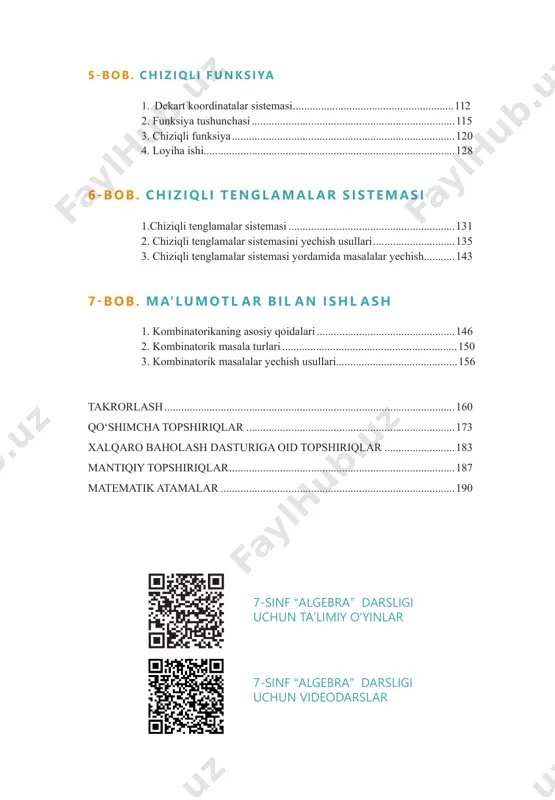 .......190 5 abu abdulloh muhammad ibn muso al-xorazmiy xorazmda taxminan 783-yilda tugʻilgan. xorazmiy qalamiga mansub 20 dan ortiq asarlarning faqat 10 tasi bizgacha yetib kel- gan. bular – “al-jabr val-muqobala hisobi haqida qisqacha kitob” – algebraik asar, “hind hisobi haqida kitob” yoki “qoʻshish va ayirish haqida kitob” – arifmetik asar, “kitob suratul arz” – geografiyaga oid asar. “zij”, “usturlab bilan ishlash haqida kitob”, “usturlab yasash haqida kitob”, “usturlab yordamida azimutni aniqlash haqida”, “ki- tobur ruhoma”, “kitobut tarix”, “yahudiy larning taqvimi va bayramlarini aniqlash haqida risola”. bu asarlarning toʻrttasi arab tilida, bittasi fargʻoniyning asari tarkibida, ikkitasi lotincha tarjimada saqlangan. bugungi zamonaviy texnologiyalar uchun asos sifatida xizmat qiladigan “algoritm” ata- masi olimning al-xorazmiy ismidan olingan. xorazmiyning algebraik risolasining toʻliq nomi – “al-kitob al-muxtasar fi hisob al-jabr val-muqobala”. risola nomidagi “al-jabr” va “val-muqobala” – “toʻldirish” va “roʻpa- ra qoʻyish” soʻzlari oʻrta asr algebrasining ikkita asosiy amalini anglatadi. “al-jabr” soʻzining lotincha shakli “algebra” xorazmiy …