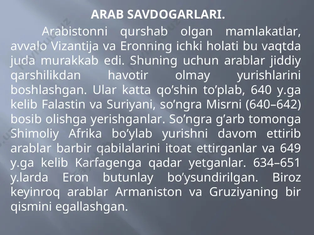 kan davlati – arab halifaligi vujudga kelgan. halifalar mulki atlantika okeanidan hindiston va hitoy chegaralarigacha yetib borgan. ammo arab davlati ichki jihatdan mustahkam emasdi. doimiy isyonlar va qo’zg’olonlar halifalikning turli mintaqalarini larzaga solgan. shulardan biri davomida ummaviylar sulolasi ag’darilgan. deyarli barcha ummaviylar qirib tashlangan, faqat ulardan bir nechtasigina qochib, ispaniyaga yashirinishga muvaffaq bo’lgan mamlakatdagi hokimiyatni 750 yil boshqa bir qadimgi urug’ – abbosiylar vakillari egallab olishgan. bu urug’ning shajarasi muhammad payg’ambarning amakisi – abbosga borib taqalgan. taxt uchun kurashda halifalikning hukmron doiralarini eronning yirik yer egalari qo’llab-quvvatlagan. abbosiylar sulolasidan bo’lgan halifalar hokimiyat tepasiga kelgach mamlakat ichidagi barcha halq harakatlarini beshafqat bostirishgan, aslzoda eron feodallari esa vazirlar, ya’ni arab halifasidan keyingi eng katta mansabni olib mamlakatdagi barcha hokimiyatni o’z qo’llariga olishgan. halifalik poytaxti dajla daryosi bo’yidagi kichik qishloqqa ko’chirilgan. vaqt o’tishi bilan bu yerda shahar barpo etilib, u bag’dod nomini olgan, arablar davlati esa bag’dod halifaligi deb atala boshlangan. davlatni idora …