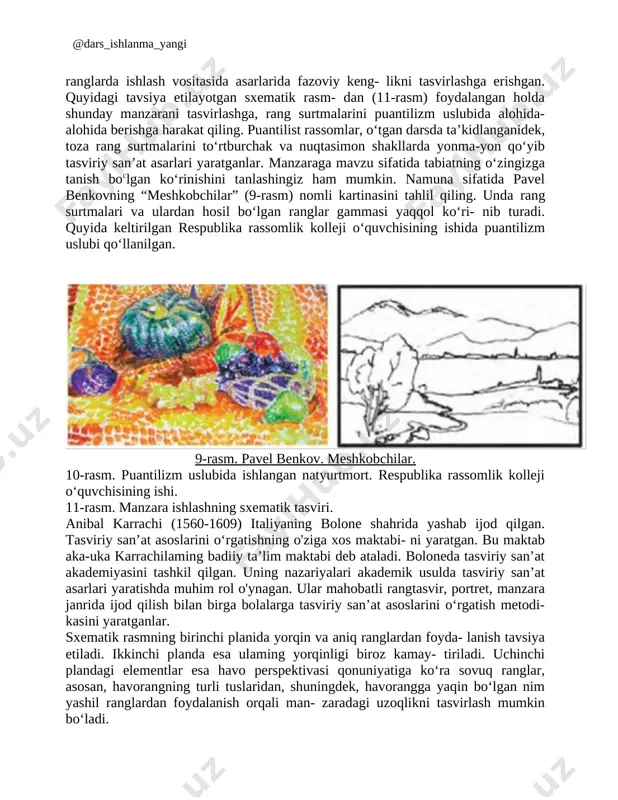 .uz eski talqinda\rasmlar\mac_1.png]iv. yangi mavzuni mustahkamlash: o‘tilgan mavzuni mustahkamlash uchun savollar: 1.manzara janridagi tasviriy san’at asarlarida planlilik nima maqsadda qo'llaniladi? 2.manzarada planlilik prinsipi kim tomonidan joriy etilgan? 3.kamil pissarroning “yomg‘irli kun” nomli asaridagi impressionistik usulga xos xususiyatlami sharhlab bering. 4.o‘zbekistonlik rassom dilyus mirsalimovning “daraxt” nomli asa- rini tahlil qiling. v. dars yakunlarini chiqarish . [image: ]1. o'quvchilarda paydo bo'lgan savollarga javob berish; 2. baholarni e'lon qilish. 3.o’quvchilar aytib o’tgan fikrlari to’planib tahlil va xulosa qilinadi va darsning eng so’nggi xulosasi chiqariladi [image: ][image: ][image: ] [image: ]vi. uyga vazifa mustaqil tarzda puantilizm uslubida manzara janrida kompozitsiya ishlang. impressionistik uslubda ijod qilgan rassomlaming ishlaridan namunalar yig‘ing. o’tibdo’:____________________________ darsning oltin qoidasi darsning oltin qoidasi darsning oltin qoidasi "ong qo'l qoidasi" ga rioya qilish; diqqat - e'tiborlilik, tezkorlik va topqirlik o'zaro hurmat, o'zgalar fikrini tinglay olish; vaqtga rioya qilish. qoidani unutma, ma’nodan uzoq ketma. gapni cho’zma oz gapir, keng ma’noli soz gapir. image4.jpeg …