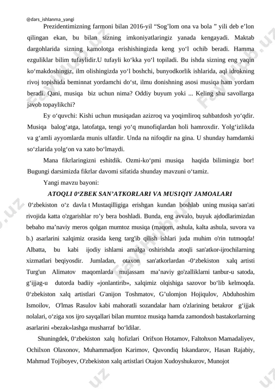 olqishiga sazovor bo‘lib kelmoqda. 0‘zbekiston xalq artistlari g'anijon toshmatov, g’ulomjon hojiqulov, abduhoshim ismoilov, o'lmas rasulov kabi mahoratli sozandalar ham o'zlarining betakror g‘ijjak nolalari, o‘ziga xos ijro sayqallari bilan mumtoz musiqa hamda zamondosh bastakorlarning asarlarini «bezak»lashga musharraf bo‘ldilar. shuningdek, 0‘zbekiston xalq hofizlari orifxon hotamov, faltohxon mamadaliyev, ochilxon olaxonov, muhammadjon karimov, quvondiq iskandarov, hasan rajabiy, mahmud tojiboyev, o'zbekiston xalq artistlari otajon xudoyshukurov, munojot yo'lchiyeva va maryam sattorovalar maqom ashula yo'llari, yevropa hamda bastakorlar asarlarini go‘zal tarzda ijro etishga erishdilar. ayni paytda, mumtoz maqom va xalq musiqa ijodiyoti namunalarini tinglovchiga bekam-u ko‘st taqdim etishda o'zbekiston teleradiokompaniyasi huzuridagi yunus rajabiy nomidagi «maqom» ansambli, olmas saidjonov rahbarligidagi an'anaviy ansambil, xorazm viloyat televideniyasi huzuridagi hojixon boltayev nomidagi «maqom» ansambli, o'zleleradiokompaniyasi huzuridagi «dutorchilar» ansambli singari ijodiy jamoalarning ham alohida o'rni bor. shu bilan birga hozirgi davr 0‘zbekiston musiqa san'atida asosan kompozitorlik ijodiyoti asarlarini yangi turda ijro etishga mo'ljallangan jamoalar faoliyati ham ko‘zga tashlanadi. bu borada ayniqsa «sug‘diyona» …
