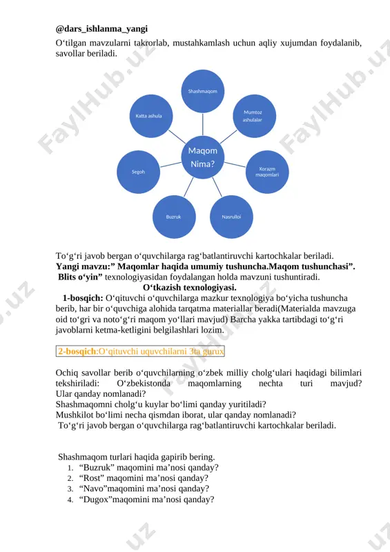 ga erishiladi. yangi mavzu: kichik ma’ruza: maqom san’ati o‘zining ko‘p asrlik tarixiga ega bo‘lib, avloddan avlodga “ustoz-shogird” an’anasi oraqali meros bo‘lib o‘tib kelayotgan kasbiy musiqaning namunasidir. kasbiy musiqaning shakllanishida “saroy madaniyati” muxim o‘rin tutgan bo‘lib, xalq orasidan yetishib chiqqan istedodli musiqachilar xon saroylarida musiqachi bo‘lib xizmat qilganlar. shu davrdan boshlab kasbiy musiqa rivojlangan. maqom san’ati bilan asosan kasbiy musiqachilar maxsus shug‘ullanganlar. maqomlar kasbiy musiqaning eng salmoqli va murakkab qismini tashkil etadi. maqomlar shakl tuzilishi jihatidan juda salobatli san’at namunasidir. shu bois o‘tmishda yashab ijod etgan ko‘pgina mutafakkir olimlar abu nasr farobiy, abu ali ibn sino, sayfiddin urmaviy, qutbiddin sheroziy, abduraxmon jomiy va boshqalar maqomlarga doir ilmiy risolalar yozganlar.shu tariqa maqom ijrochiligi, ijodkorligi va maqom nazariyasi fani rivojlanib keldi. “maqom” atamasi arabchadan olingan bo‘lib, “o‘rin”, “daraja”, “martaba”, “manzilgox” kabi tushunchalarni ifodalaydi. maqom-bu mukammal pardalar uyushmasi va doira usullari mushtarakligida ijod etilgan cholg‘u kuy va ashulalar majmuasidir. o‘zbekistonda maqomlarning uch turi mavjud …