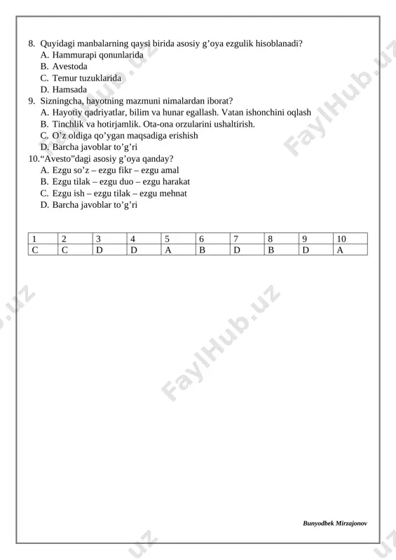 ang? a. odamlar bilan ishlash, qum ichidan tilla izlashga o’xshaydi: tomog’ingni achishtirgan changni emas, topayotgan tillani o’ylashing kerak. b. hamma qobiliyatlardan eng yaxshisi – fikrni chirouli va tushunarli qilib ifodalamoqdir. c. to’griso’zlik va halollik ustiga qurilgan umr – eng go’zal umrdir. diyonatli inson birovning haqqiga ko’z olaytirmaydi va hayotiga yolg’onni aralashtirmaydi. d. dunyoda hech yengib bo’lmaydigan kuch – bir daqiqadir. biz uchun ahamiyatsiz bo’lgan shu birgina daqiqalar yi’gilib umrni hosil qiladi va aksincha, umrni besamar yo’q qilishiga ham olib kelishi mumkin. demak, vaqt ham quradi, ham yemiradi. faqat undan munosib foydalanganlargina nurli va mavaffaqiyatli umr yo’llaridan boradilar. 1 2 3 4 5 6 7 8 9 10 a b b b c a c a b d 4-5-mavzu. umr – umid – sinov – imkoniyat. 1. “dorboz” she’rining muallifi kim? a. erkin vohidov b. abdulla oripov c. iqbol mirzo d. muhammad yusuf 2. “uddalay olmayman” tushunchasi miyani qulflaydi. shu tobda: …