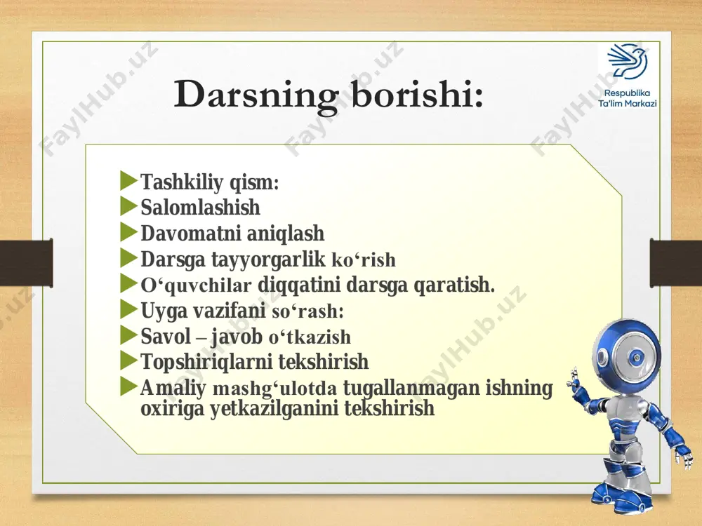 ekislab qirqib tashlanadi. chakichlar markazlar orasida tayyorlanganda yog‘och diametri 70 mm ga keltirib yo‘nilgandan so‘ng bir nechta chakich rejalanib ketma-ket tayyorlanadi. qirquvchi iskana yordamida qirqib tushirish. turli xil sirtlarni rejalash va yo‘nish: a - sirkul yordamida rejalash; b - tik bo‘yinlar hosil qilish; d - pog‘onali (to‘g‘ri burchakli) sirtlar; e - o‘yiqlar; f - botiq sirtlar. yangi mavzuni mustahkamlash. mustahkamlash uchun savollar:  konussimon va fason burchak sathli detallarni, ularning eskizlarini chizish va chizmalarini tayyorlash haqida gapirib bering. konussimon va fason burchak sathli detallariga nimalar kiradi. krossword savollar. 1. dastalar qanday yog‘ochlardan tayyorlanadi? javob: tut, qayin, qayrag‘och, gujum, akatsiya 2. jo‘valar qanday yog‘ochlardan tayyorlanadi? javob: tol, tut, o‘rik, chinor 1 2 • darsni yakunlash va o‘quvchilarni baholash. yog‘ochga ishlov berish ustaxonasini tartibga keltirish. • uyga vazifani e’lon qilish: mavzu bo‘yicha berilgan barcha ma’lumotlarni o‘qib, o‘rganib kelish. o‘ibdo‘: _____________ a. tursunov keyingi darsda ko‘rishguncha…
